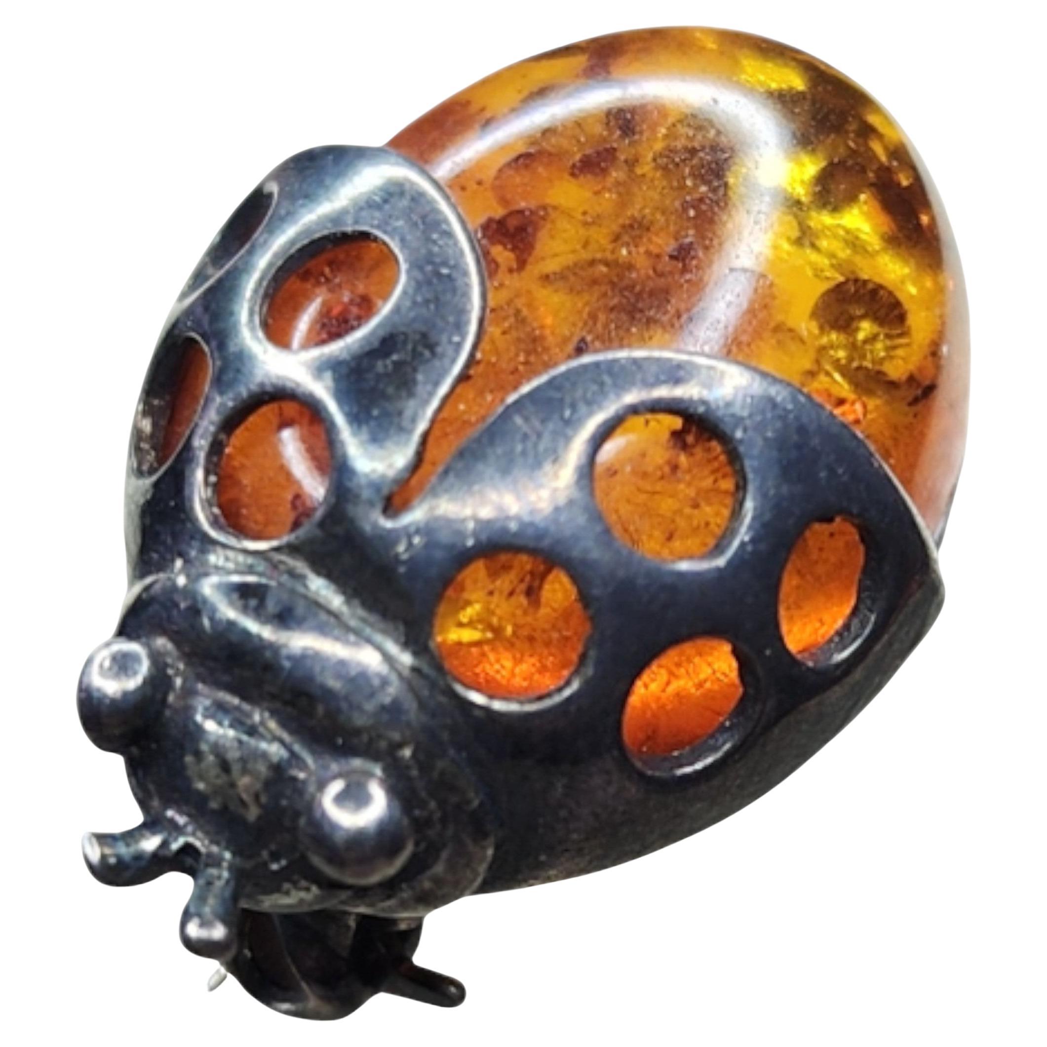 Polnischer Bernstein und Sterling Silber Marienkäfer-Insekten-Brosche