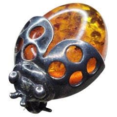 Polish Amber and Sterling Silver Ladybug Insect Brooch