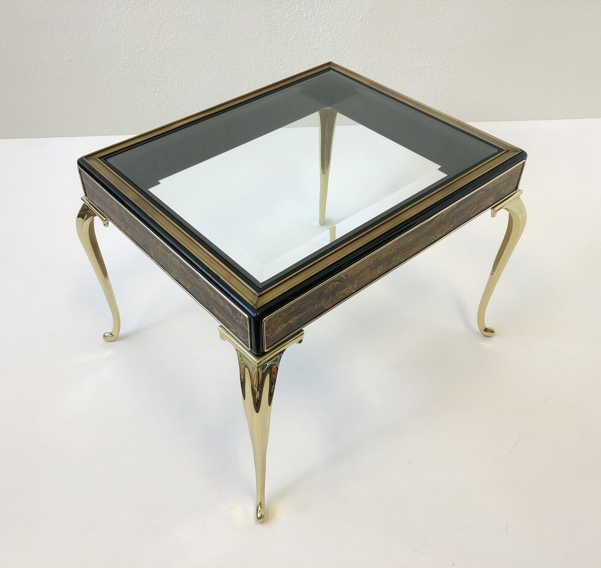 Beveled Polish brass and Black Lacquer Side Table by Bernhard Rohne for Mastercraft