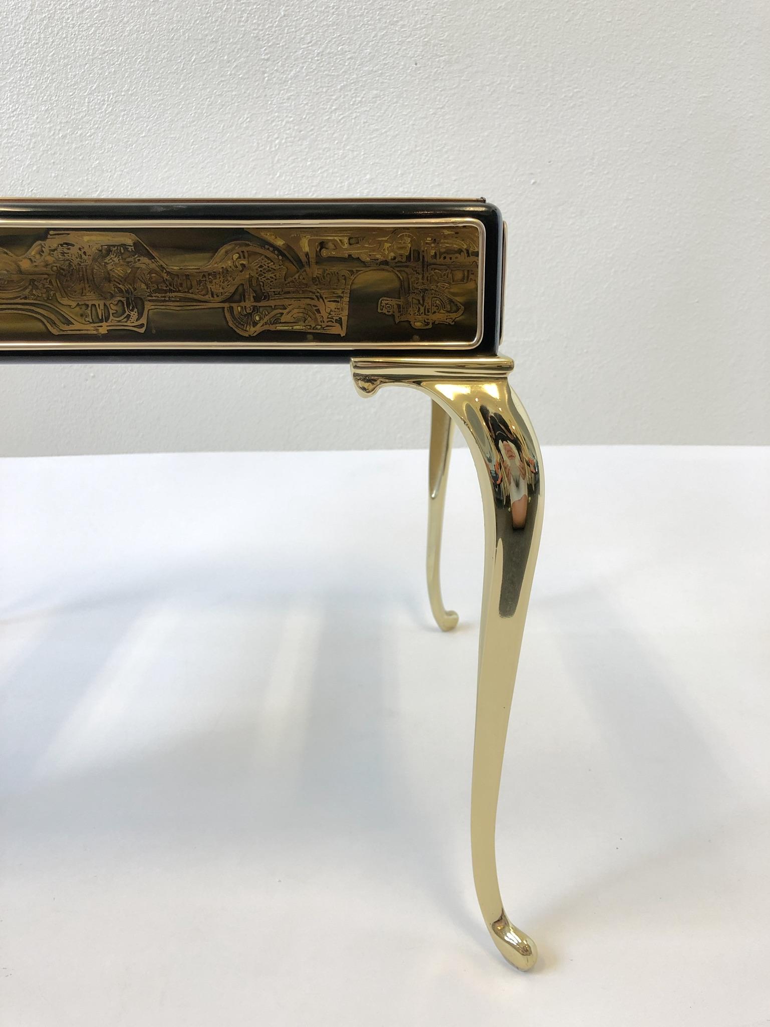 Polish brass and Black Lacquer Side Table by Bernhard Rohne for Mastercraft In Excellent Condition In Palm Springs, CA