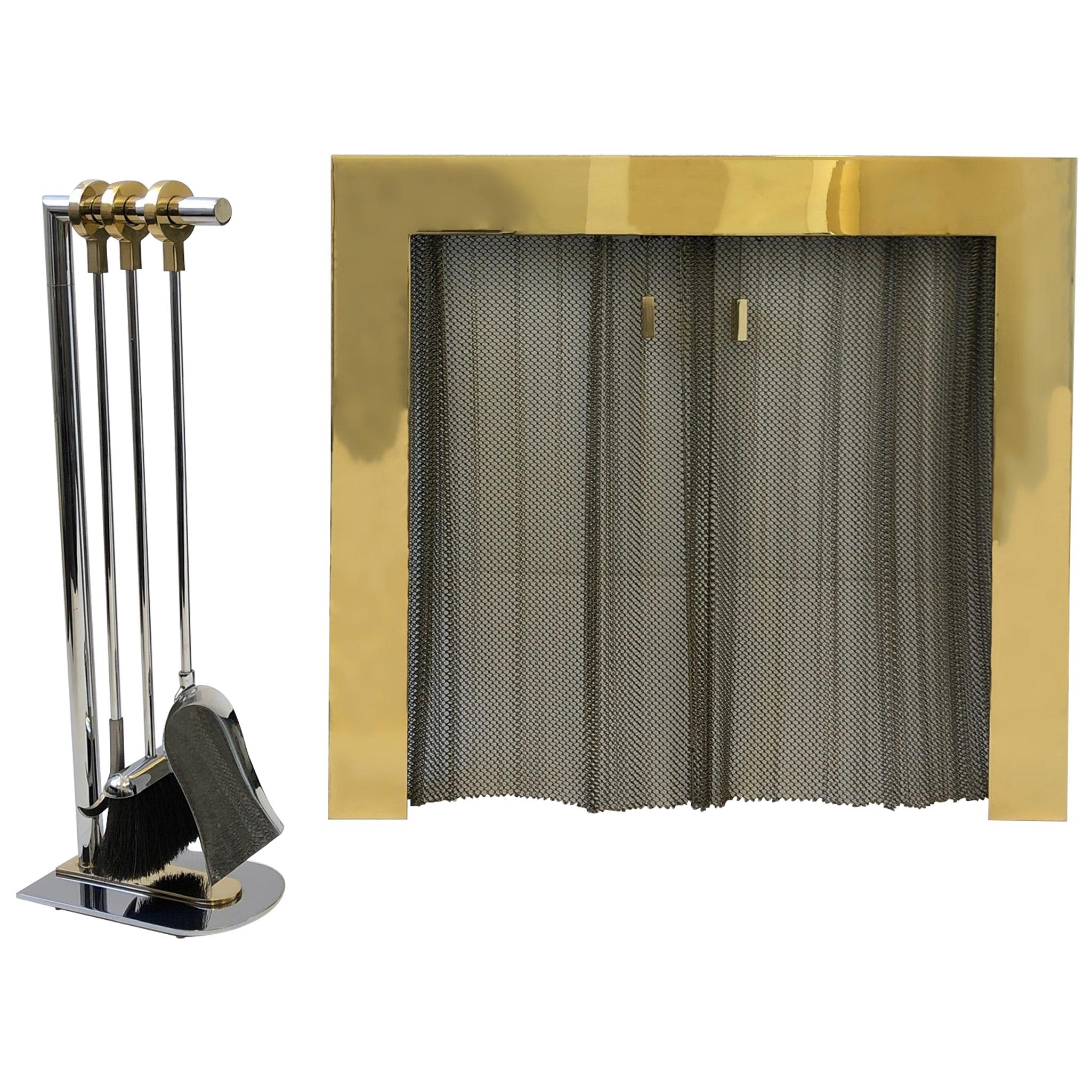 Polish Brass and Chrome Fireplace Set in the Manner of Maison Charles