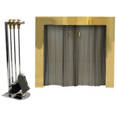 Vintage Polish Brass and Chrome Fireplace Set in the Manner of Maison Charles