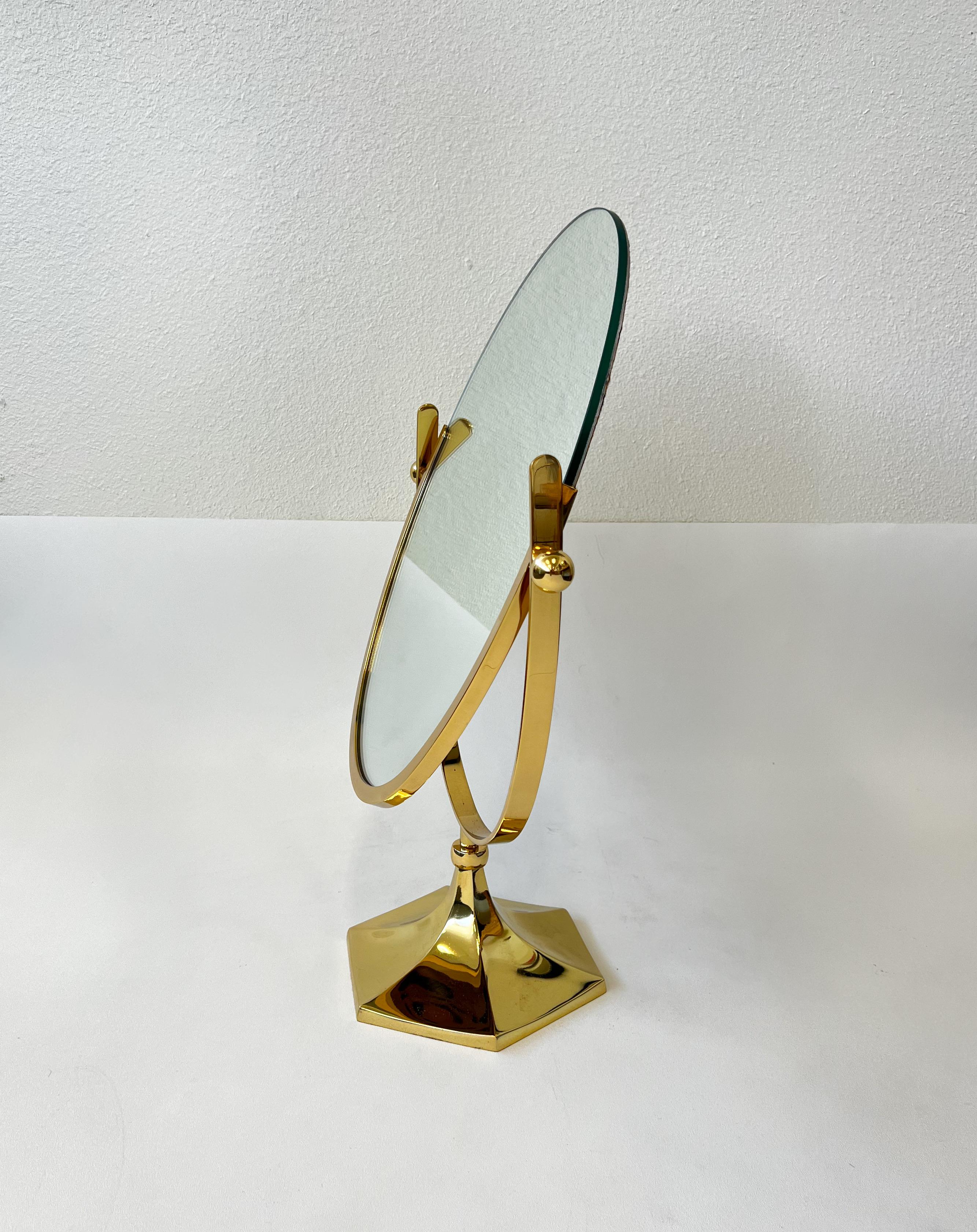 American Polish Brass and Faux Cheetah Hide Vanity Table Mirror by Charles Hollis Jones For Sale