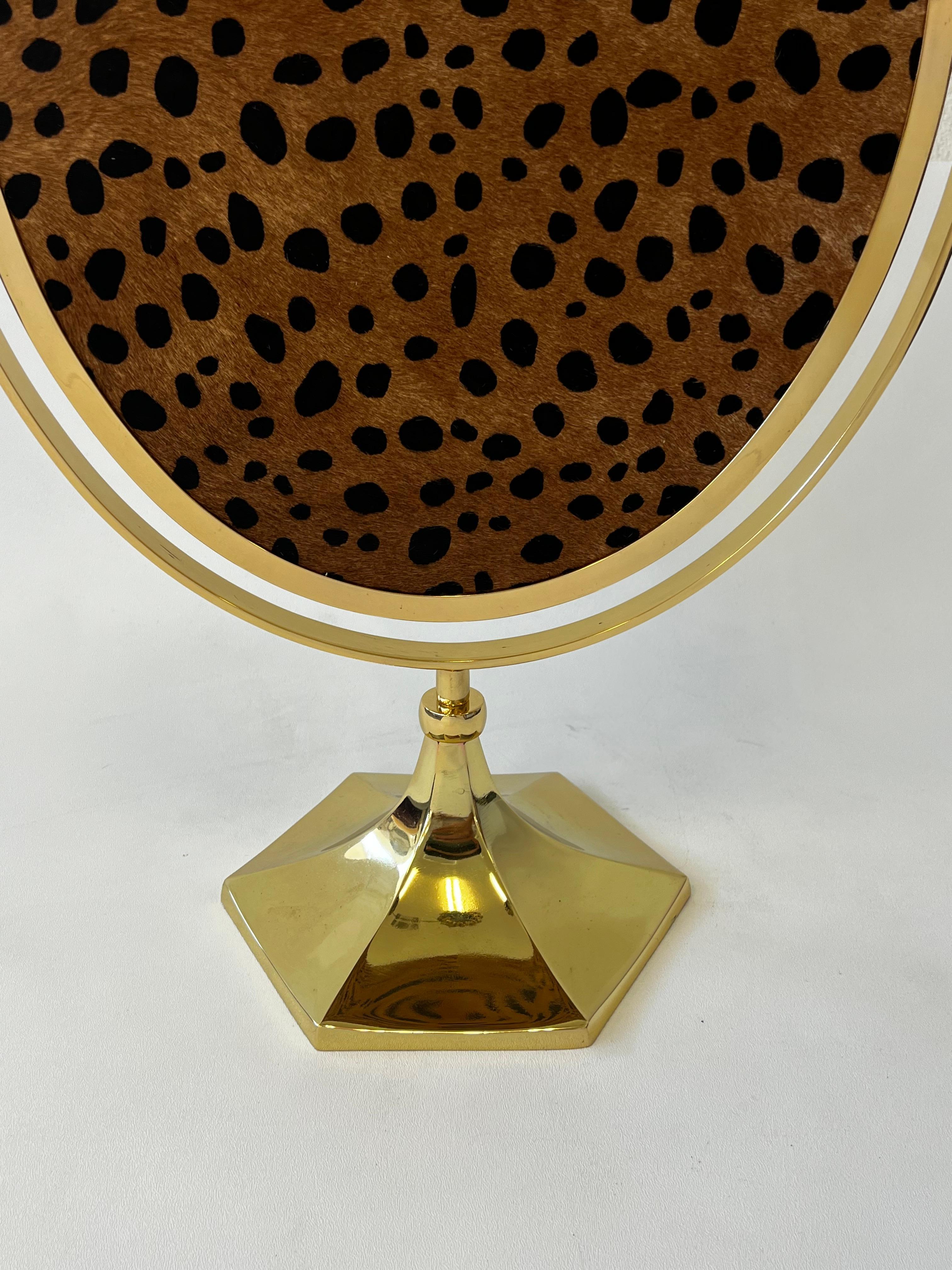 Hand-Crafted Polish Brass and Faux Cheetah Hide Vanity Table Mirror by Charles Hollis Jones For Sale