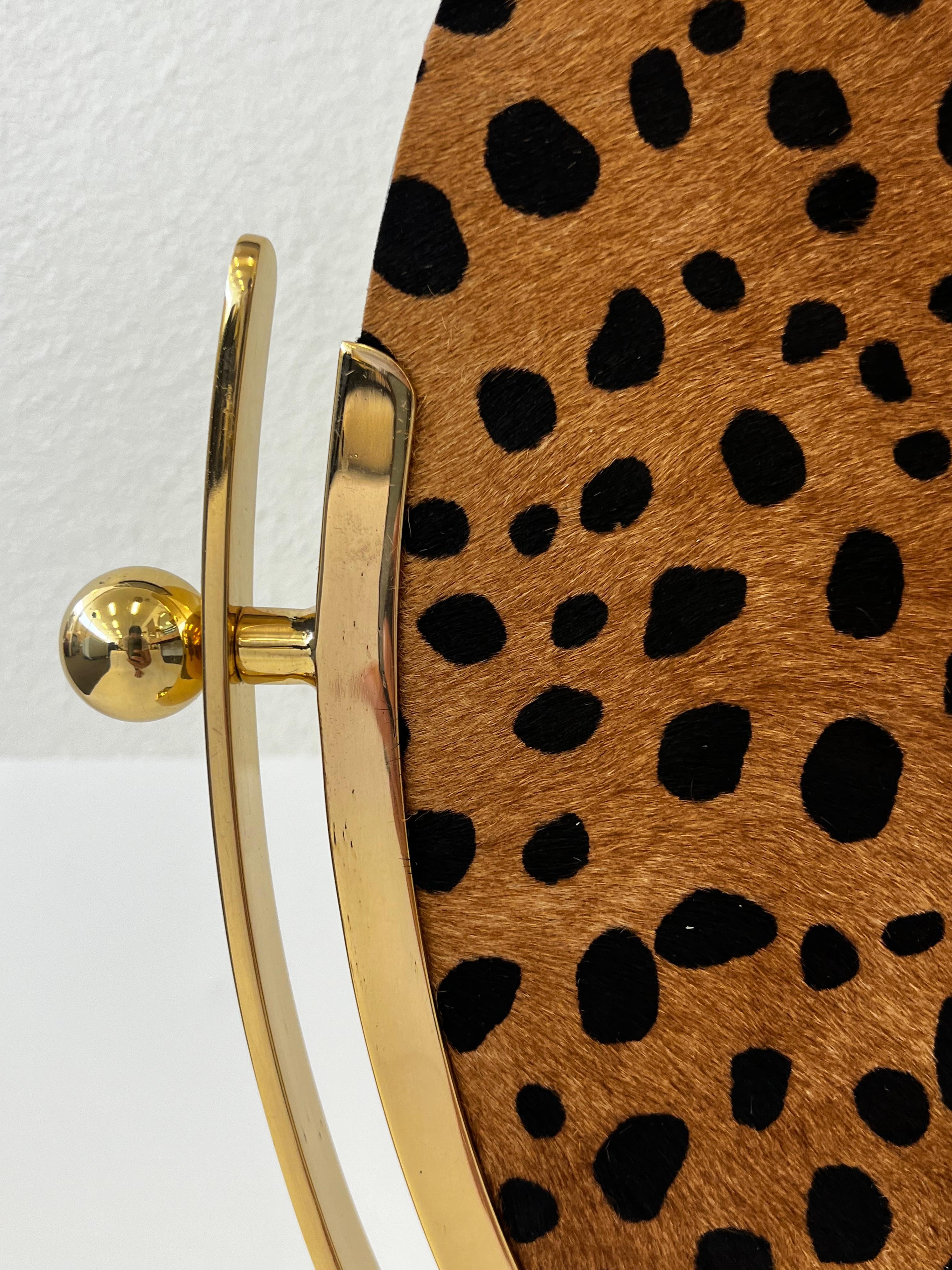 Polish Brass and Faux Cheetah Hide Vanity Table Mirror by Charles Hollis Jones In Good Condition For Sale In Palm Springs, CA