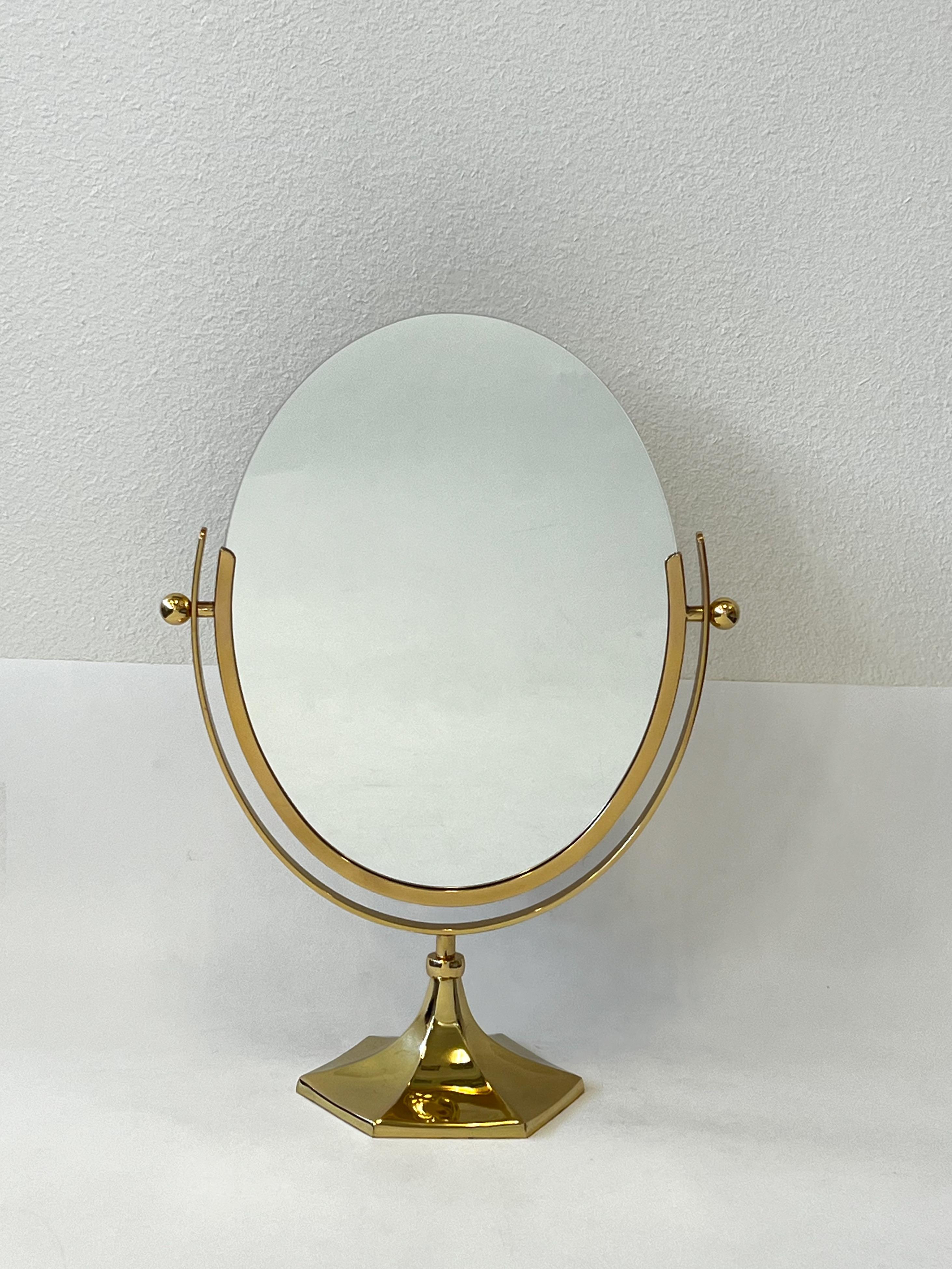 Late 20th Century Polish Brass and Faux Cheetah Hide Vanity Table Mirror by Charles Hollis Jones For Sale