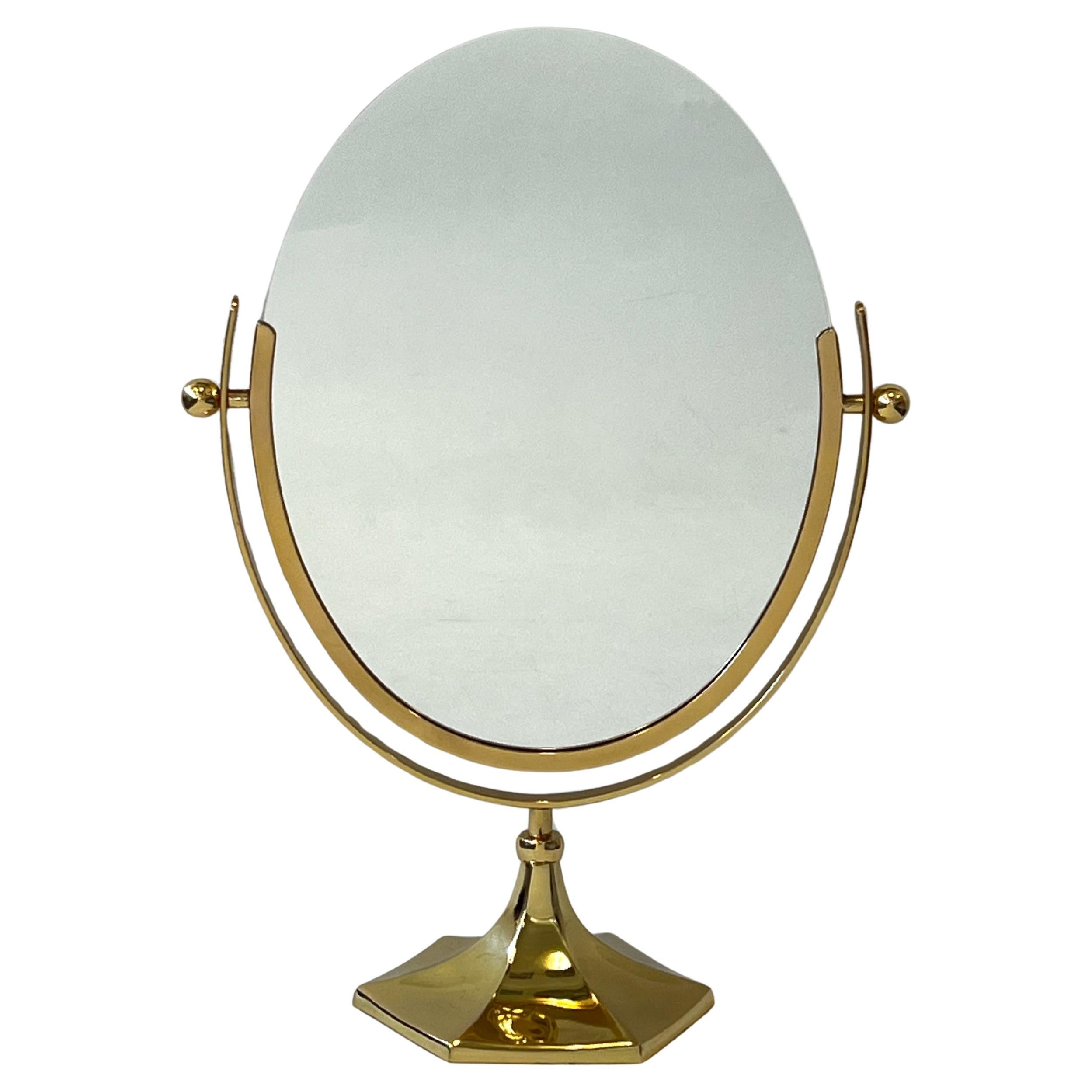 Polish Brass and Faux Cheetah Hide Vanity Table Mirror by Charles Hollis Jones For Sale