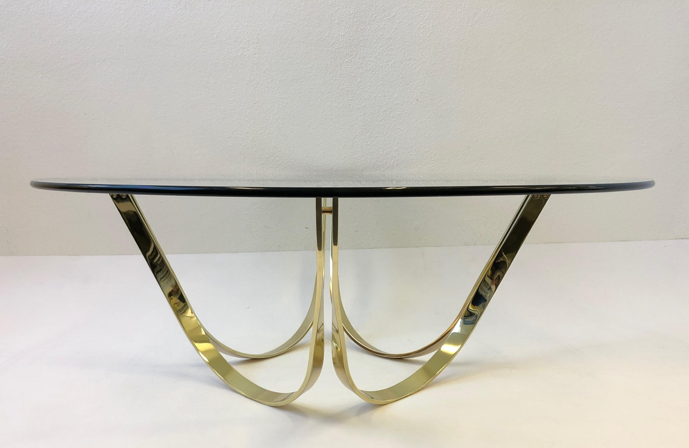 Polish Brass and Glass Cocktail Table by Tri-Mark In Excellent Condition In Palm Springs, CA