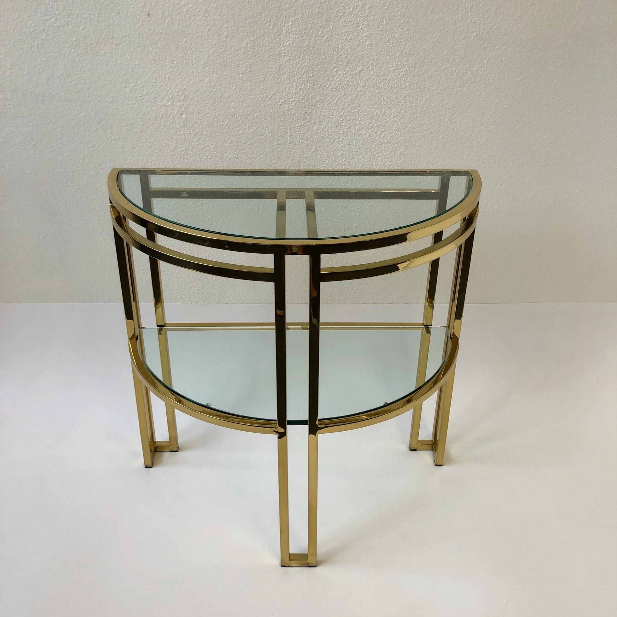 Polish Brass and Glass Demilune Two-Tier Console Table by Milo Baughman 3