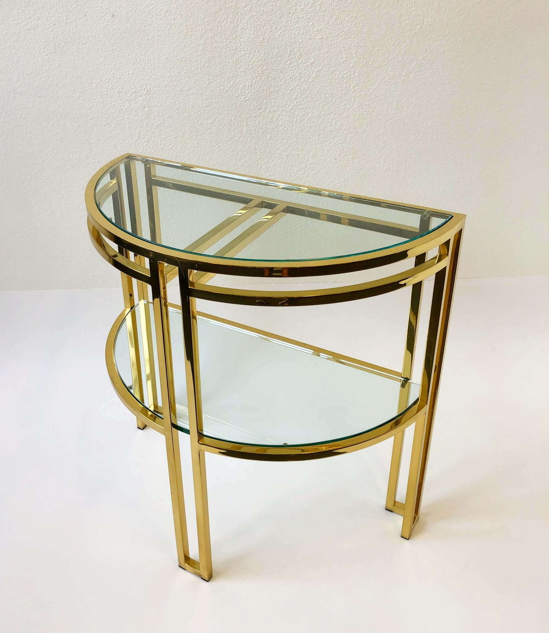 Modern Polish Brass and Glass Demilune Two-Tier Console Table by Milo Baughman