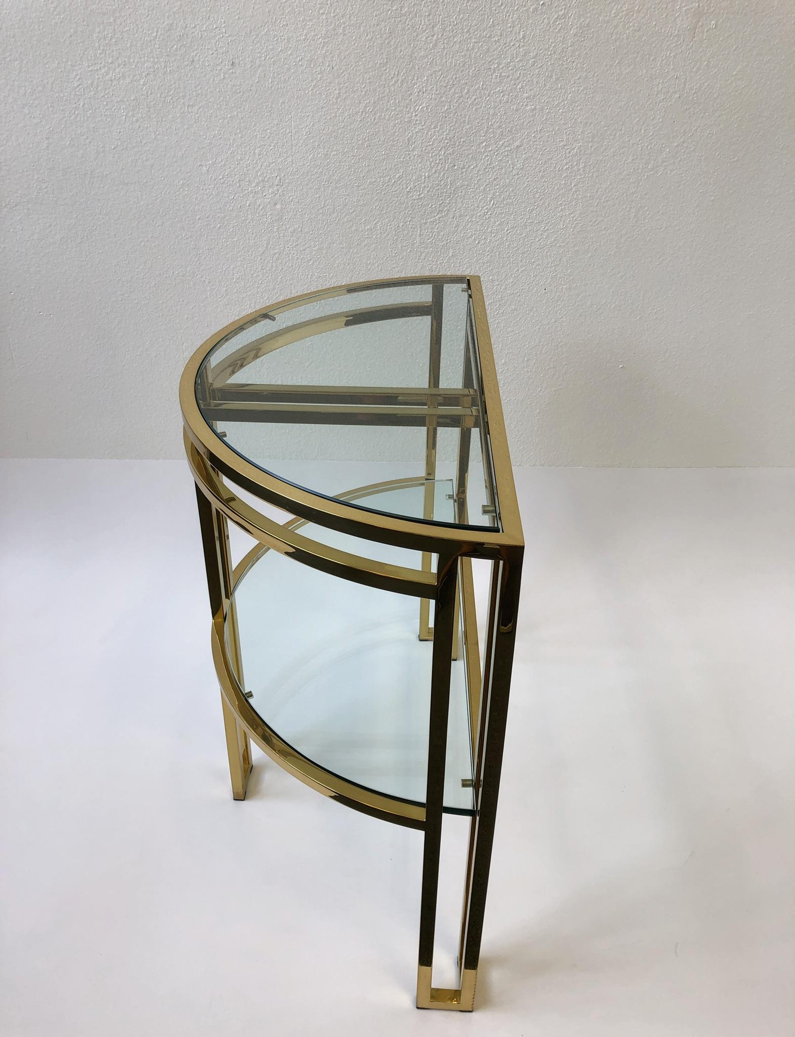 American Polish Brass and Glass Demilune Two-Tier Console Table by Milo Baughman