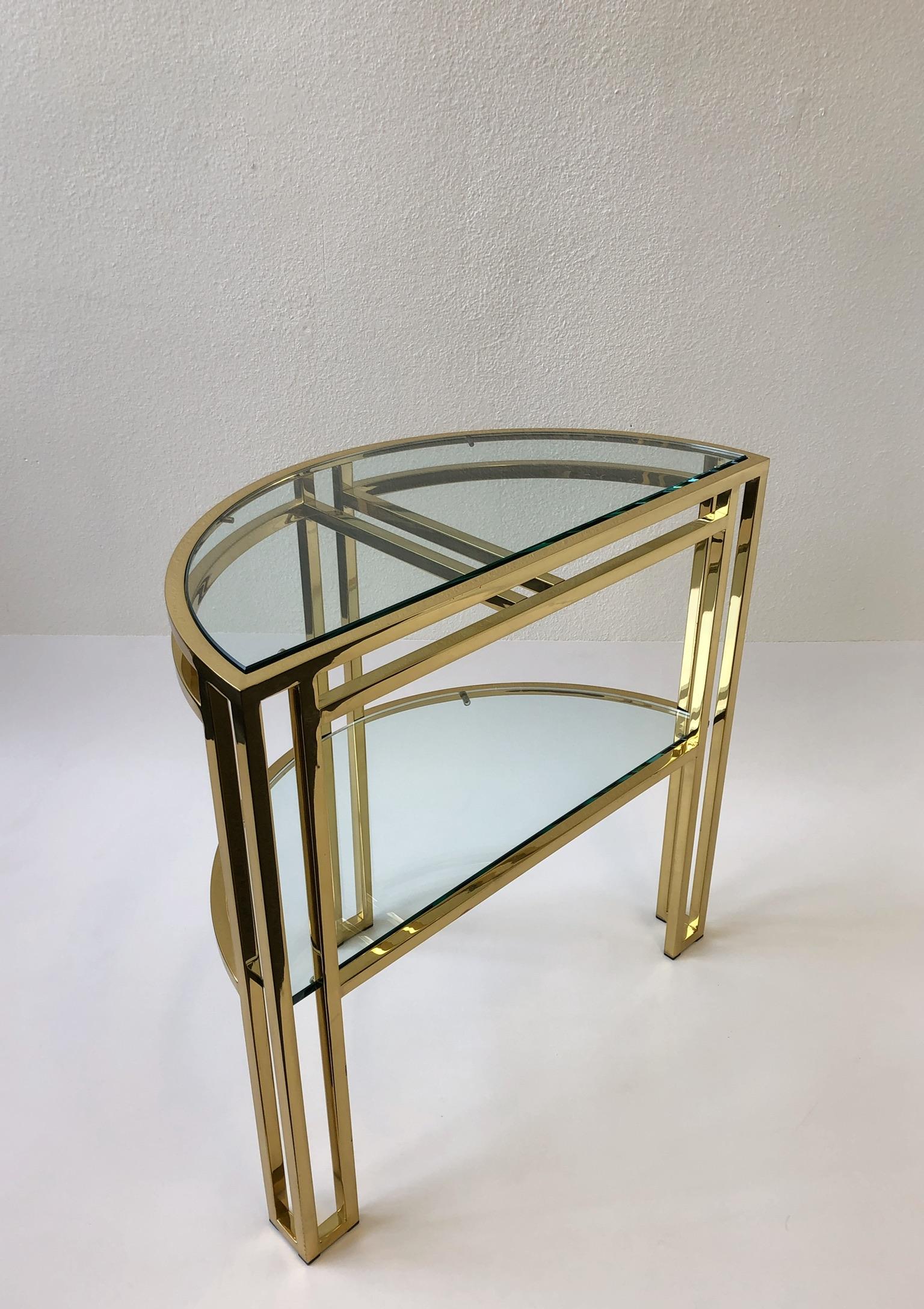 Polished Polish Brass and Glass Demilune Two-Tier Console Table by Milo Baughman