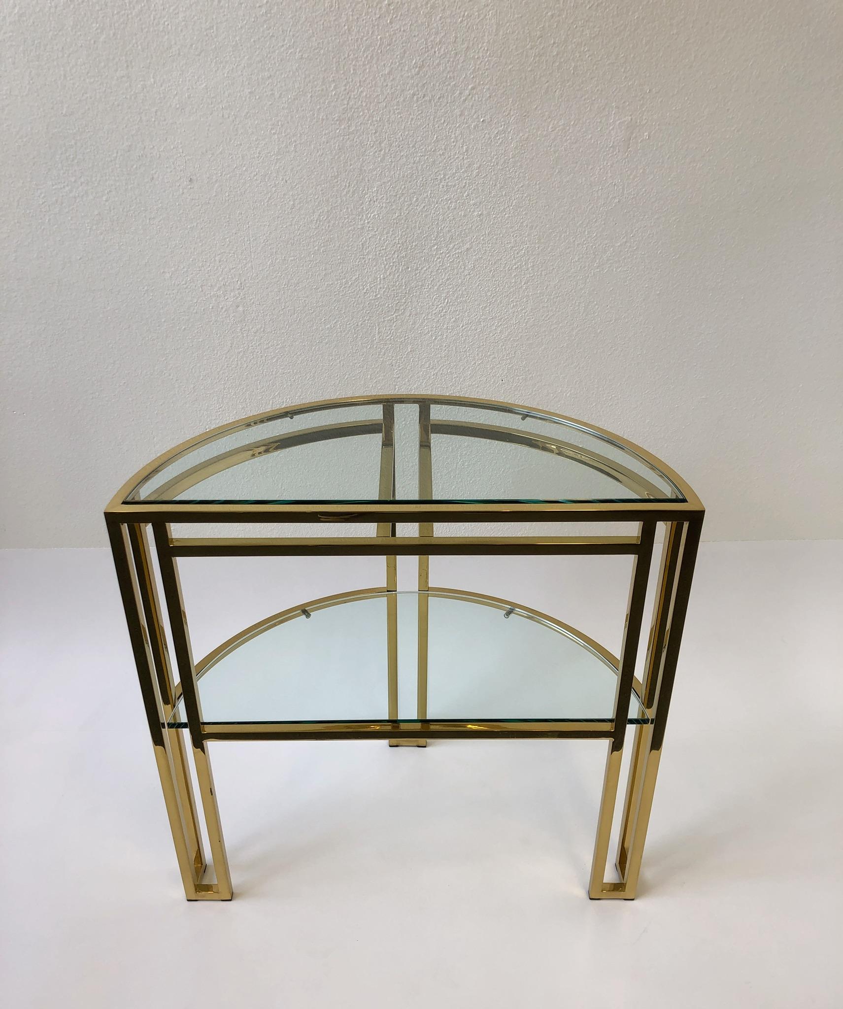 Polish Brass and Glass Demilune Two-Tier Console Table by Milo Baughman In Excellent Condition In Palm Springs, CA