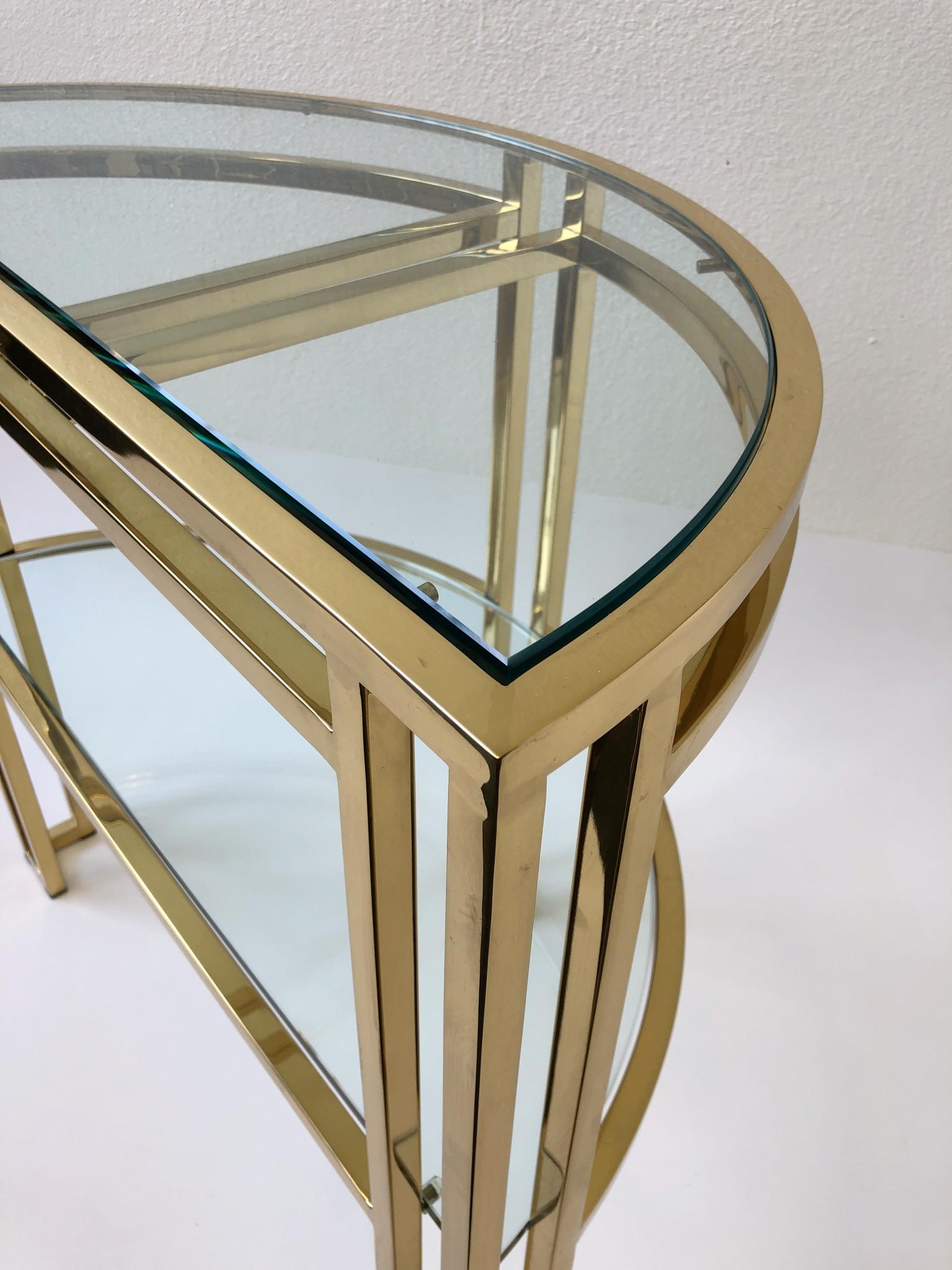 Late 20th Century Polish Brass and Glass Demilune Two-Tier Console Table by Milo Baughman