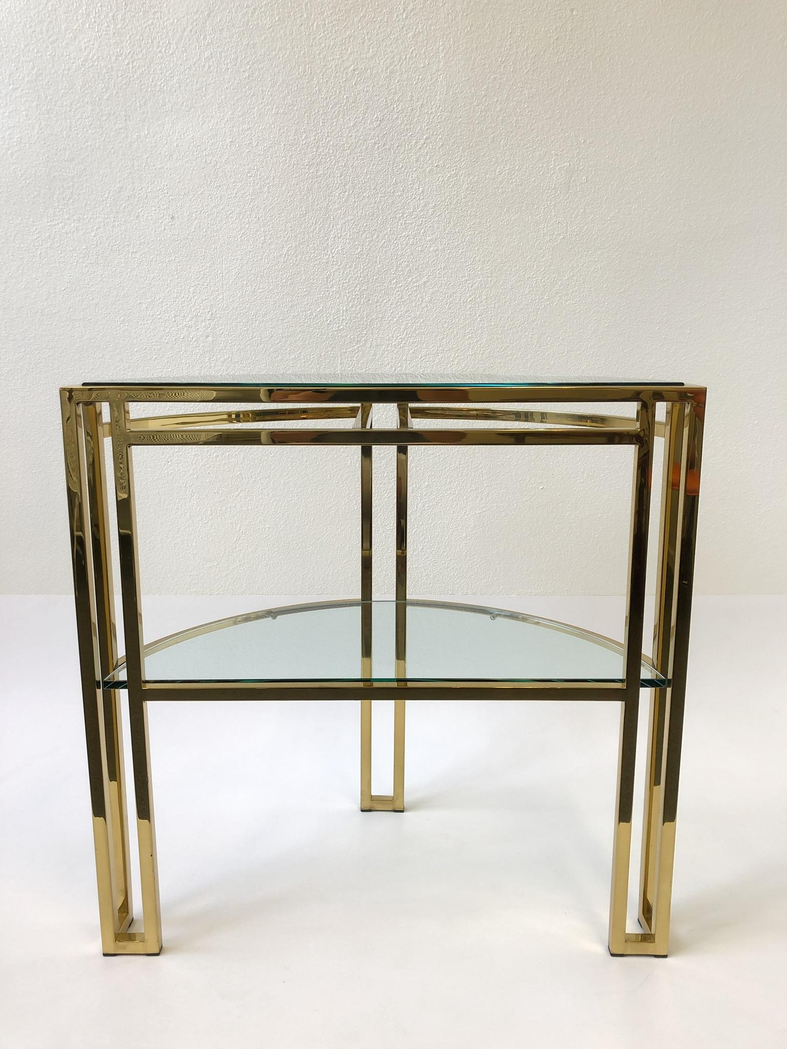 Polish Brass and Glass Demilune Two-Tier Console Table by Milo Baughman 1