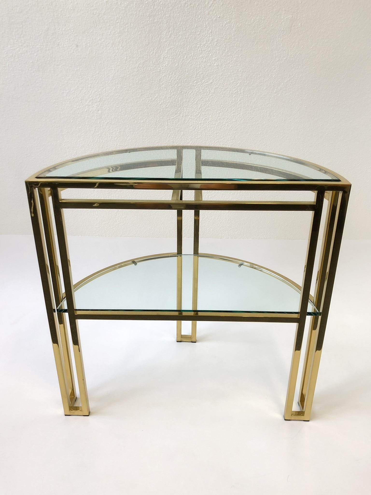 Polish Brass and Glass Demilune Two-Tier Console Table by Milo Baughman 2