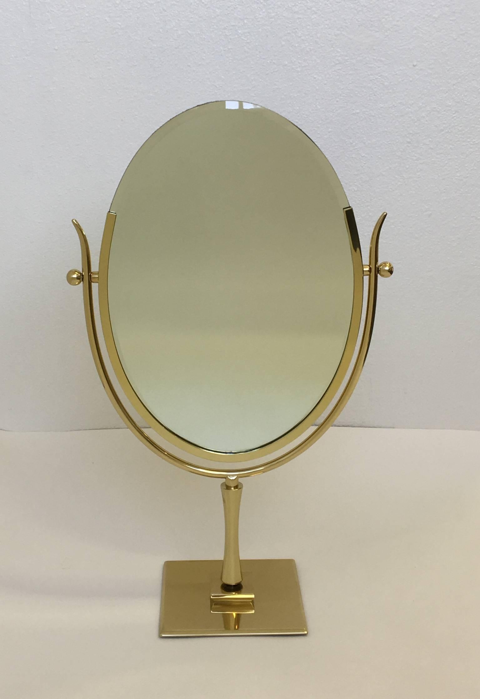 Polish Brass and Leather Vanity Mirror by Charles Hollis Jones 2