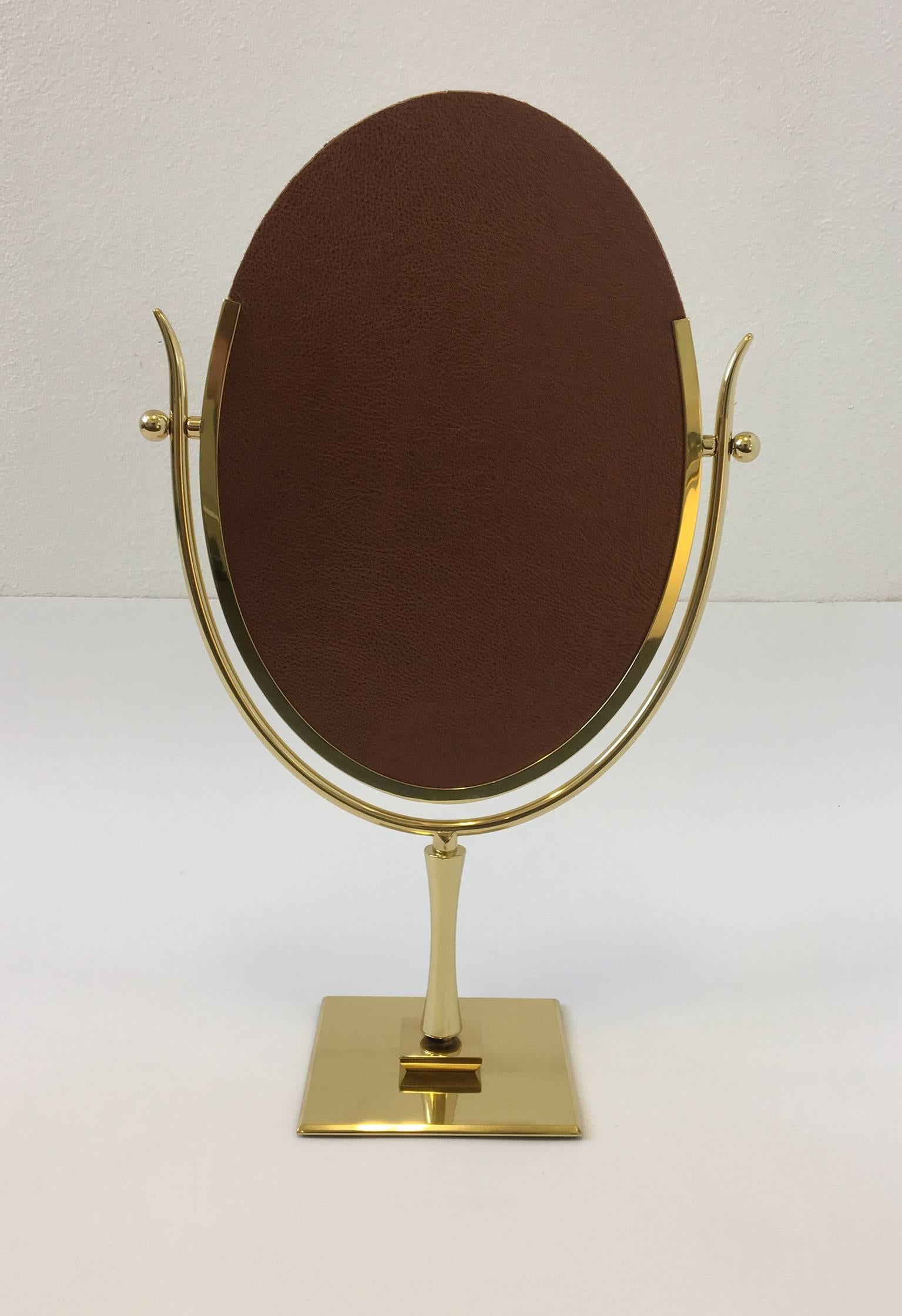 Modern Polish Brass and Leather Vanity Mirror by Charles Hollis Jones