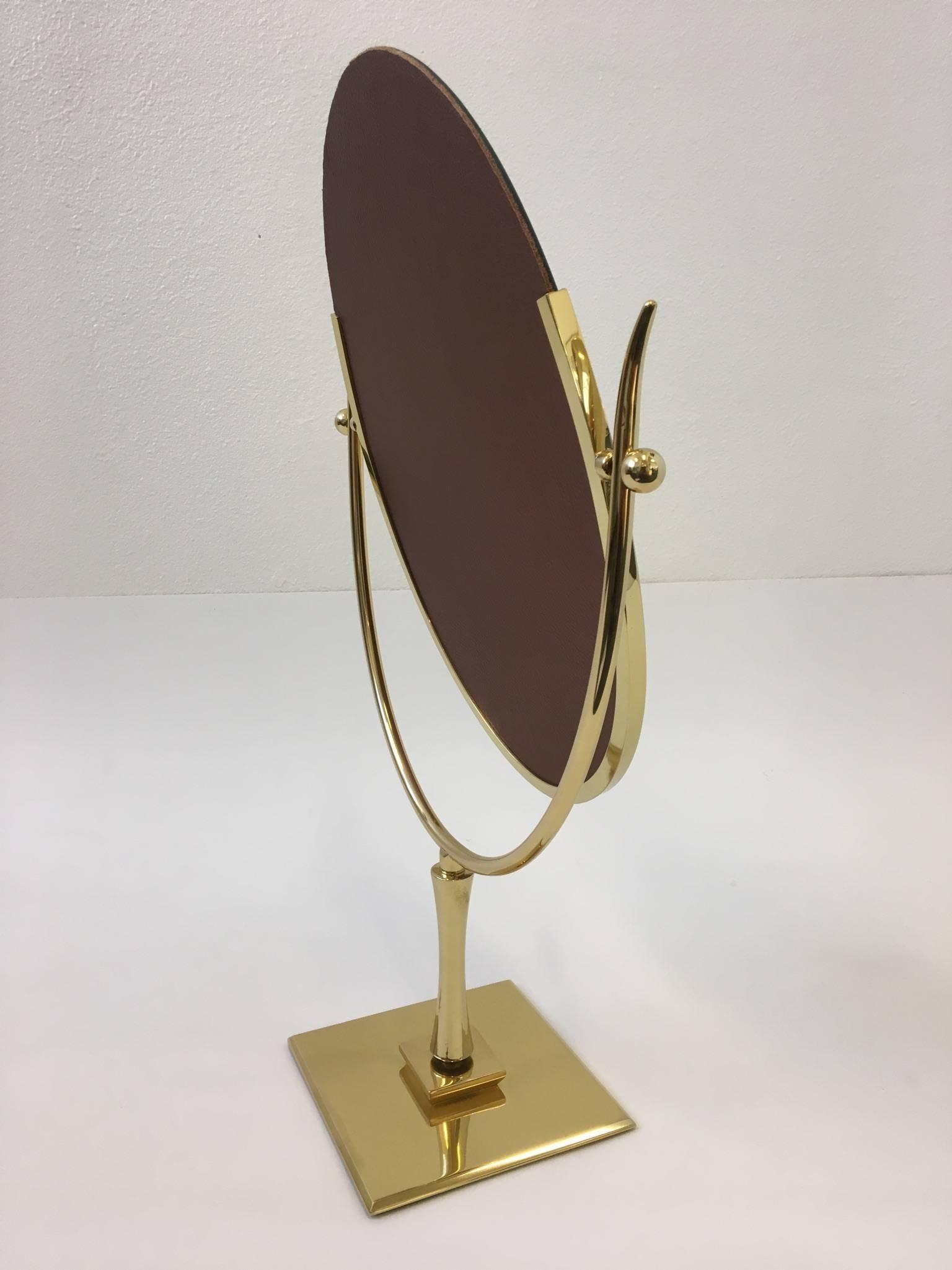 Polished Polish Brass and Leather Vanity Mirror by Charles Hollis Jones