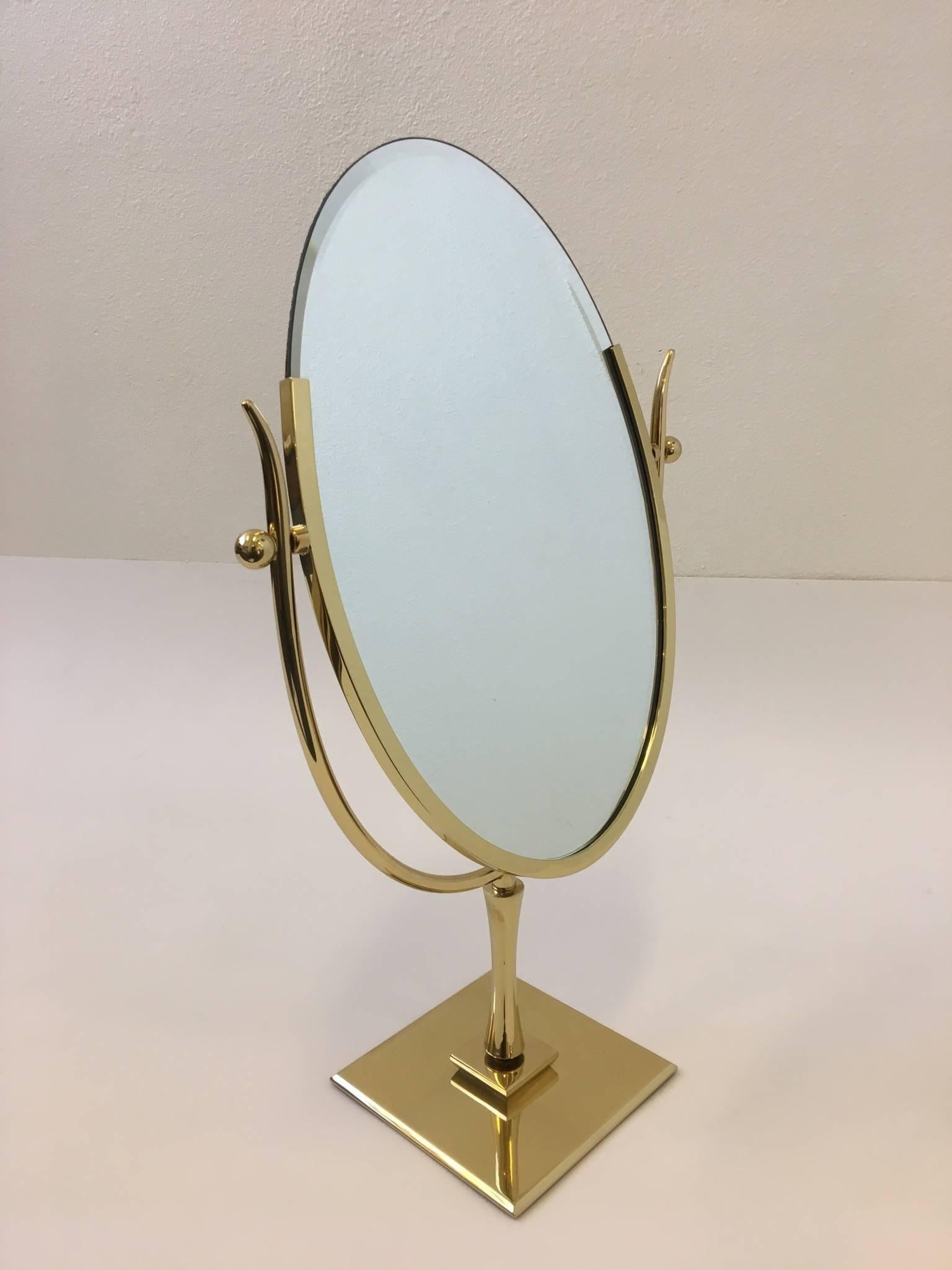 Polish Brass and Leather Vanity Mirror by Charles Hollis Jones In Excellent Condition In Palm Springs, CA