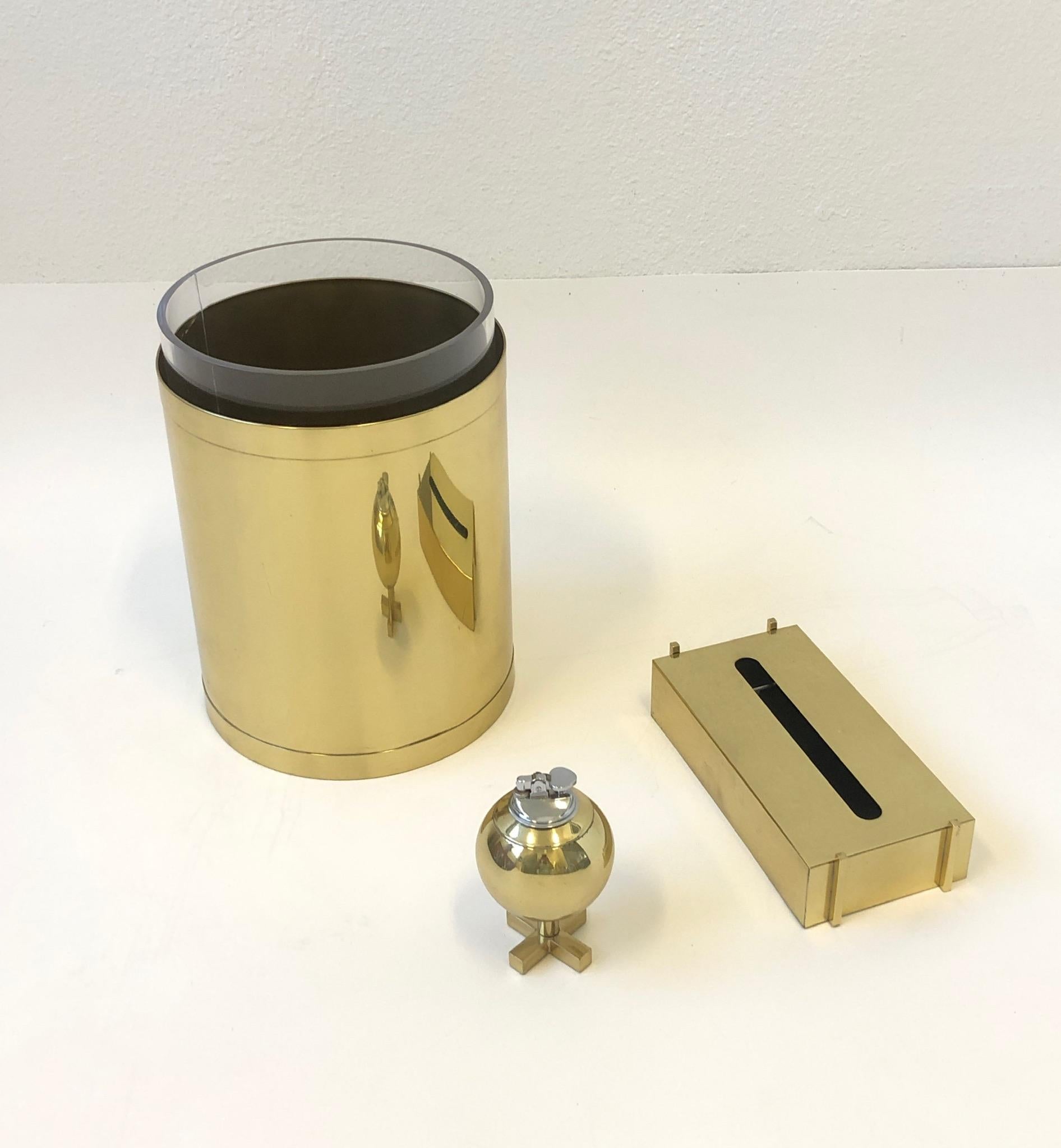 Polish Brass and Lucite Desk Accessories set by Charles Hollis Jones In Good Condition For Sale In Palm Springs, CA
