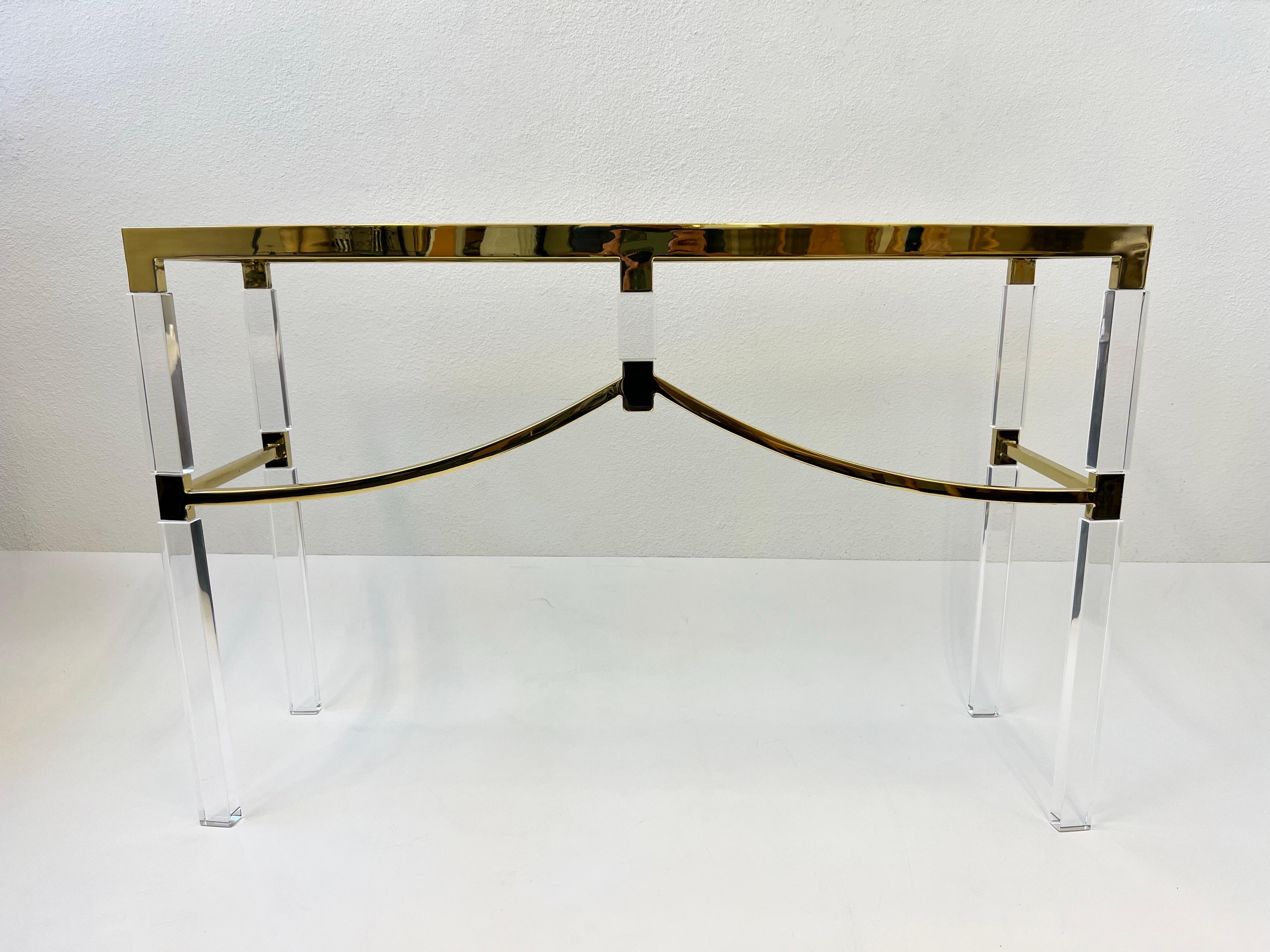 Hollywood Regency Polish Brass and Lucite Regency Console Table by Charles Hollis Jones For Sale