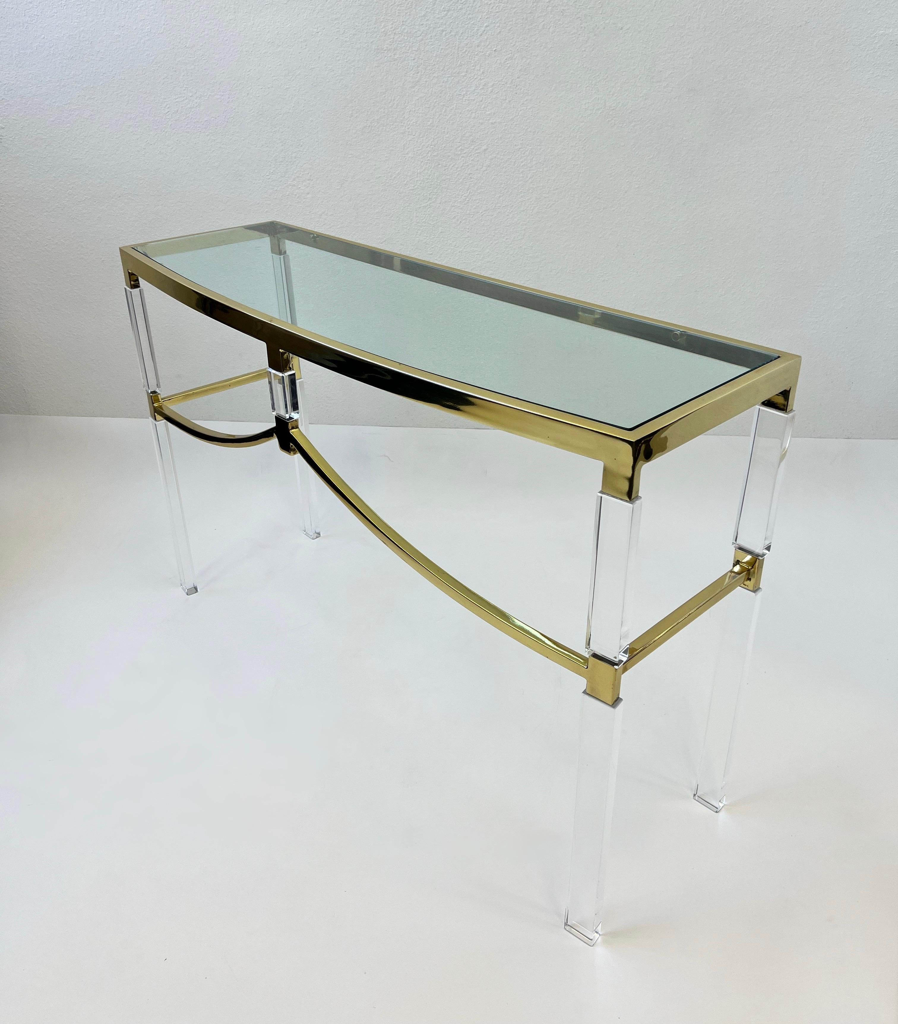 American Polish Brass and Lucite Regency Console Table by Charles Hollis Jones For Sale
