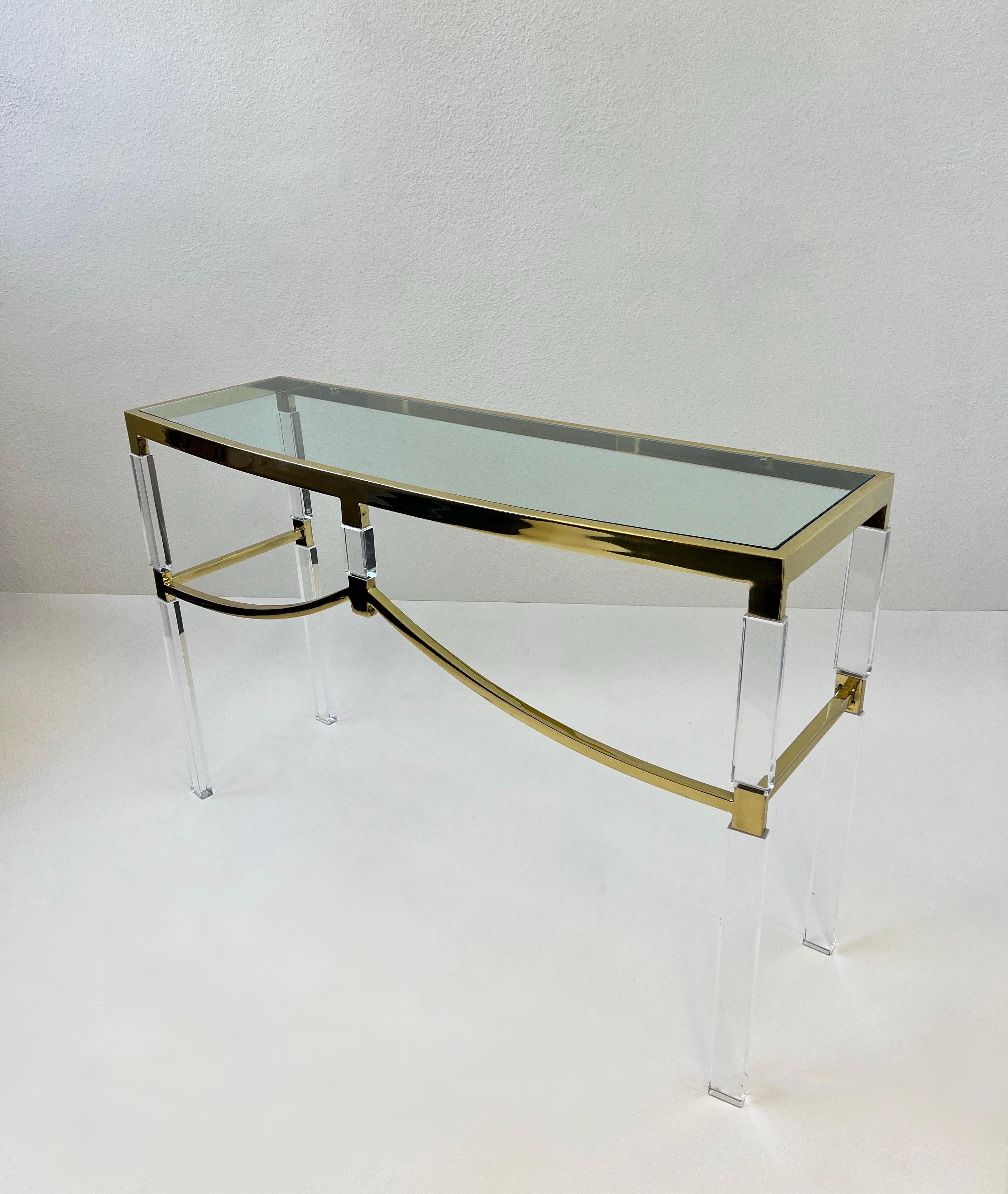 Polished Polish Brass and Lucite Regency Console Table by Charles Hollis Jones For Sale