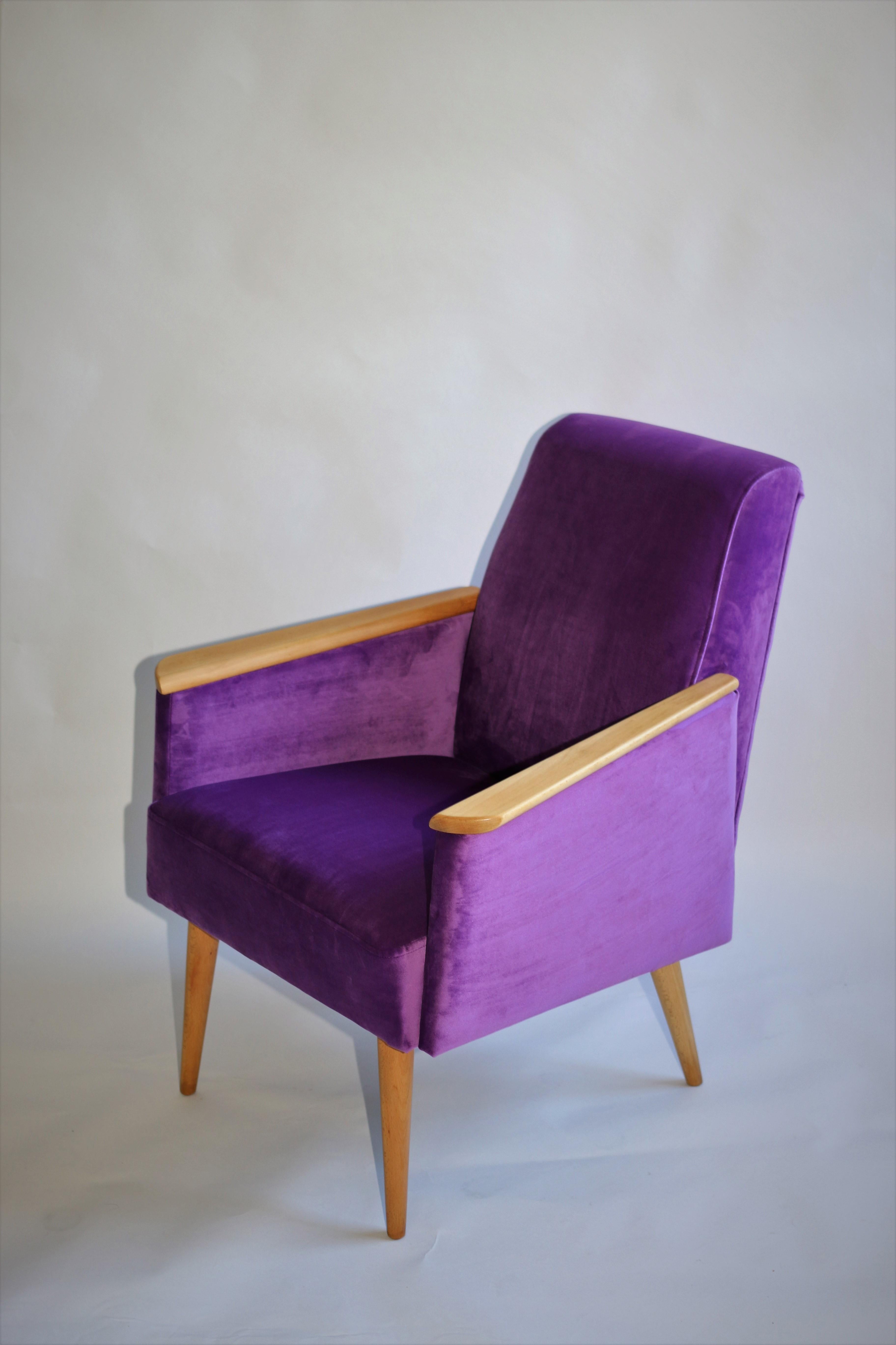 Woodwork Polish Club Armchair in Purple Velvet from 1970s For Sale