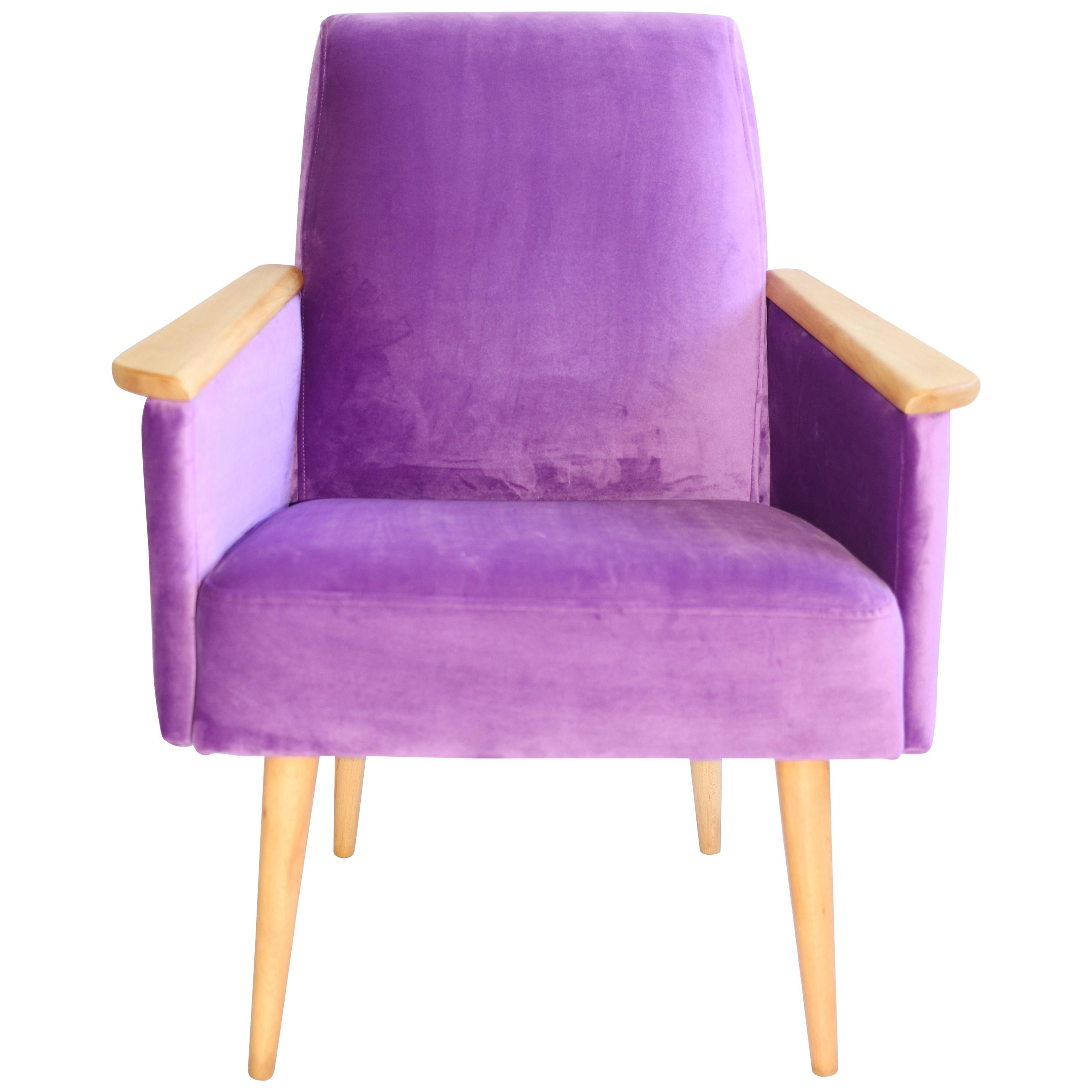 Polish Club Armchair in Purple Velvet from 1970s For Sale