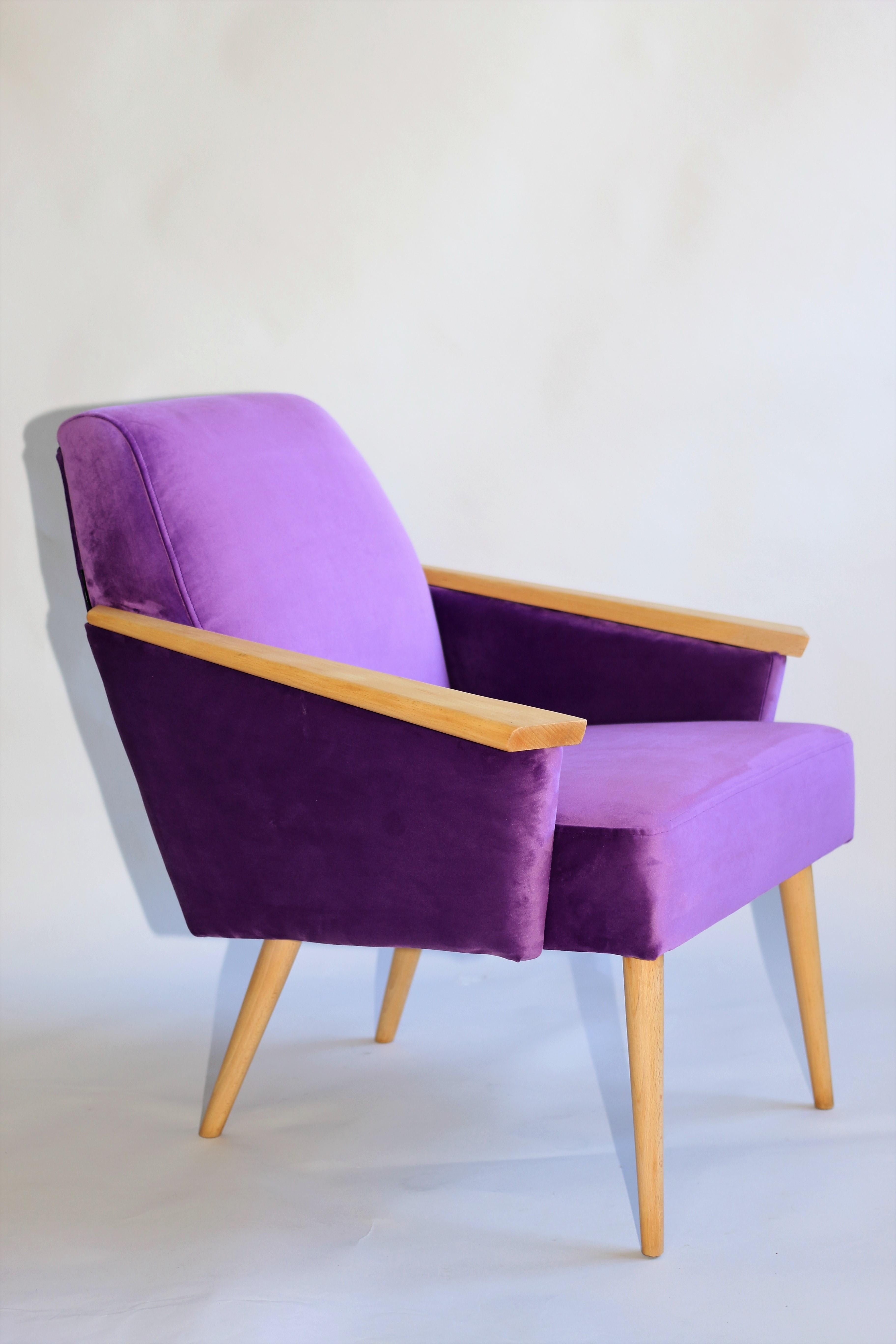 Woodwork Polish Club Armchair in Purple Velvet from 20th Century For Sale