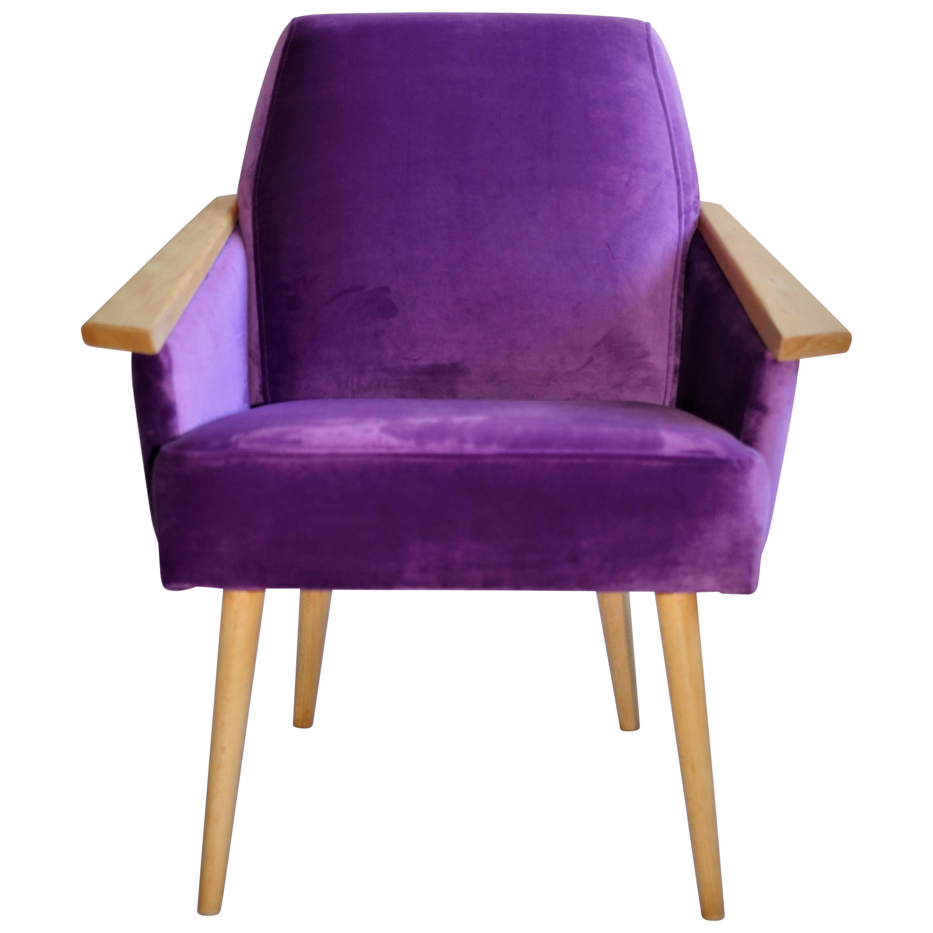 Polish Club Armchair in Purple Velvet from 20th Century For Sale