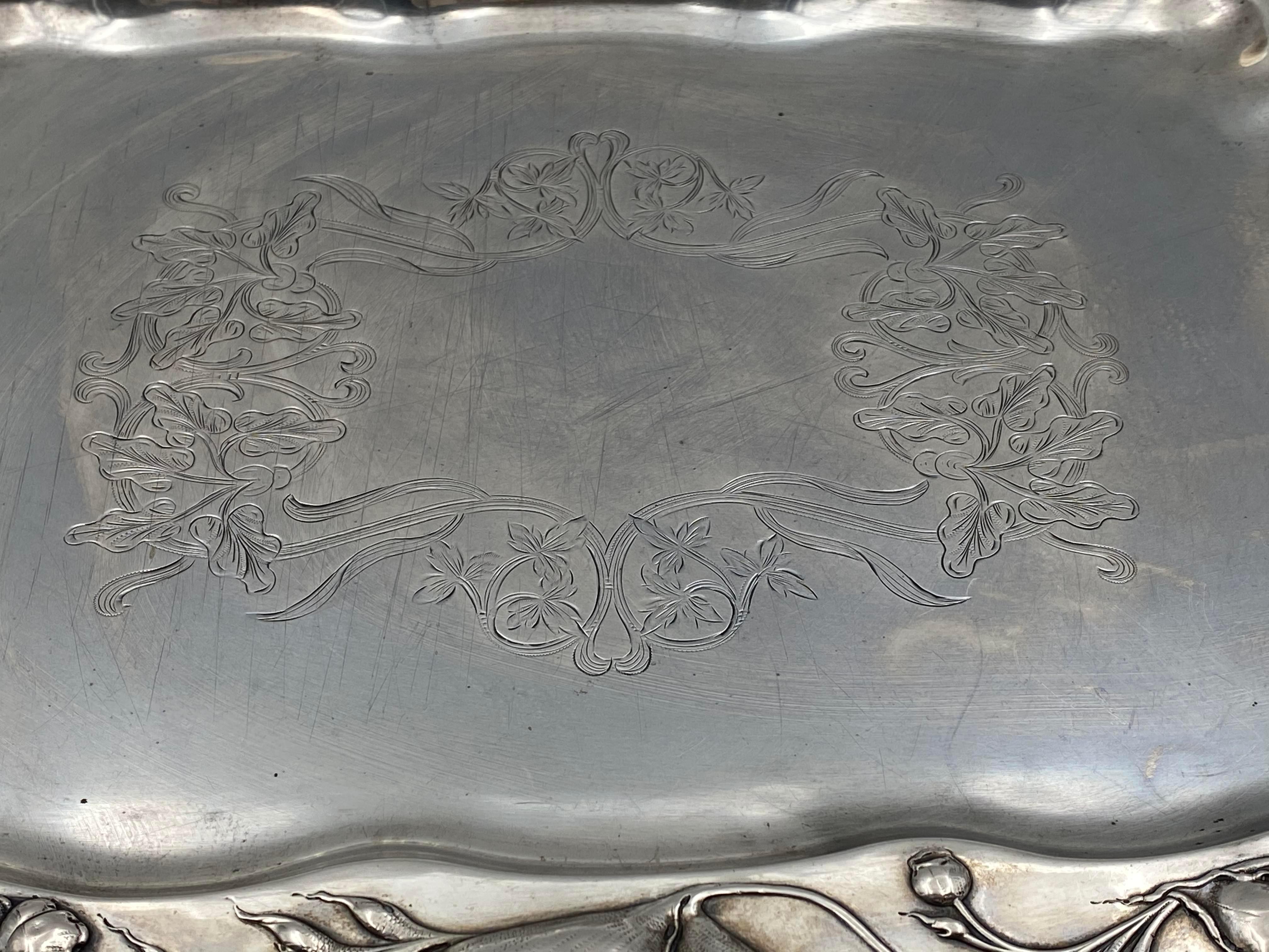 Polish Continental Silver Tray Platter in Art Nouveau Style In Good Condition For Sale In New York, NY