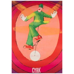 Polish, Cyrk, Circus Poster, 1971, Vintage, Unicycle Clown, Jacek Neugebauer