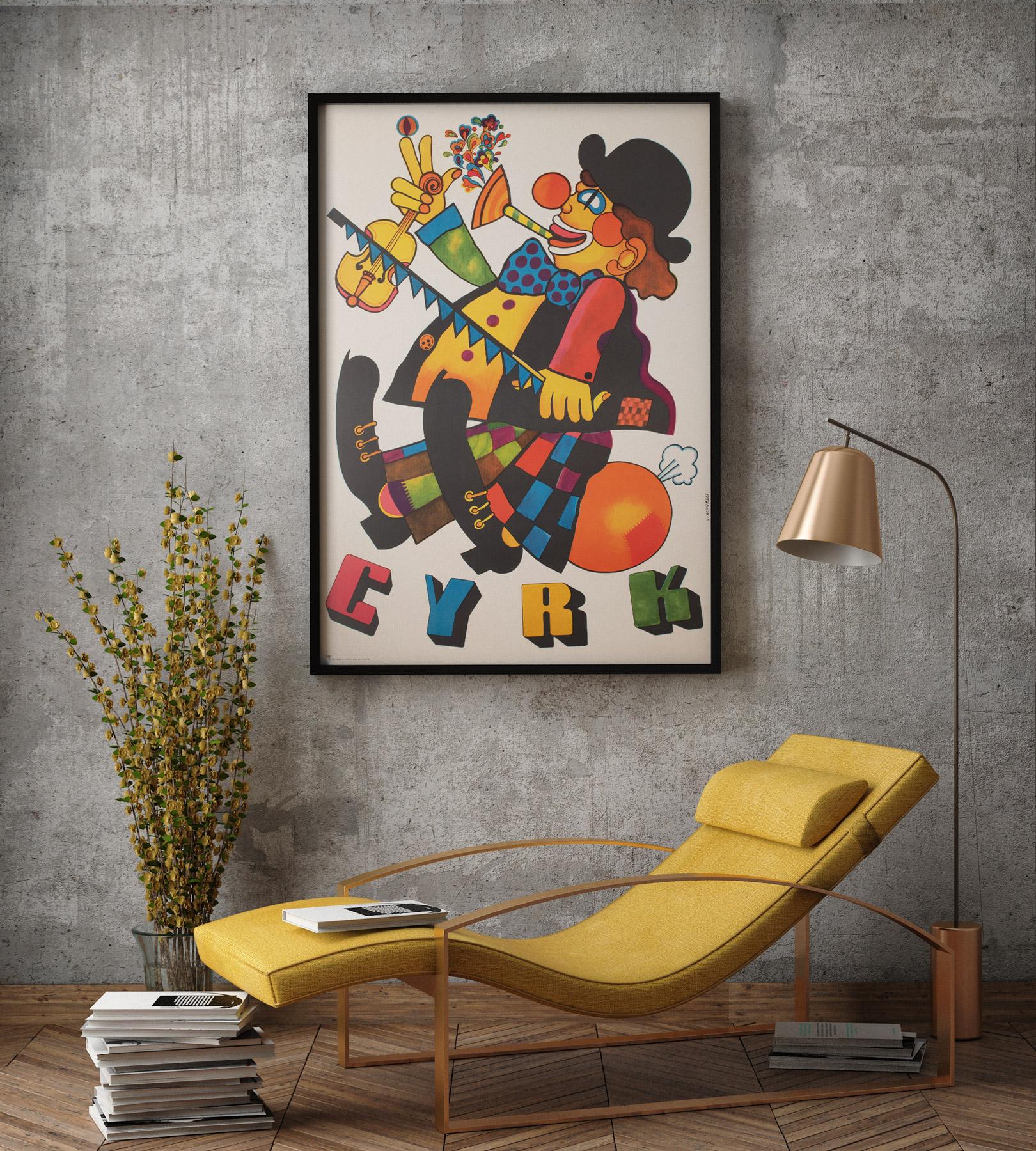 Original polnisches One Man Band cyrk (Zirkus) Plakat, entworfen von Marian Stachurski. Dieses wunderbare Design wurde erstmals 1973 gedruckt, dies ist ein früher offizieller Nachdruck von 1976. Die Farben sind großartig. 

Das 