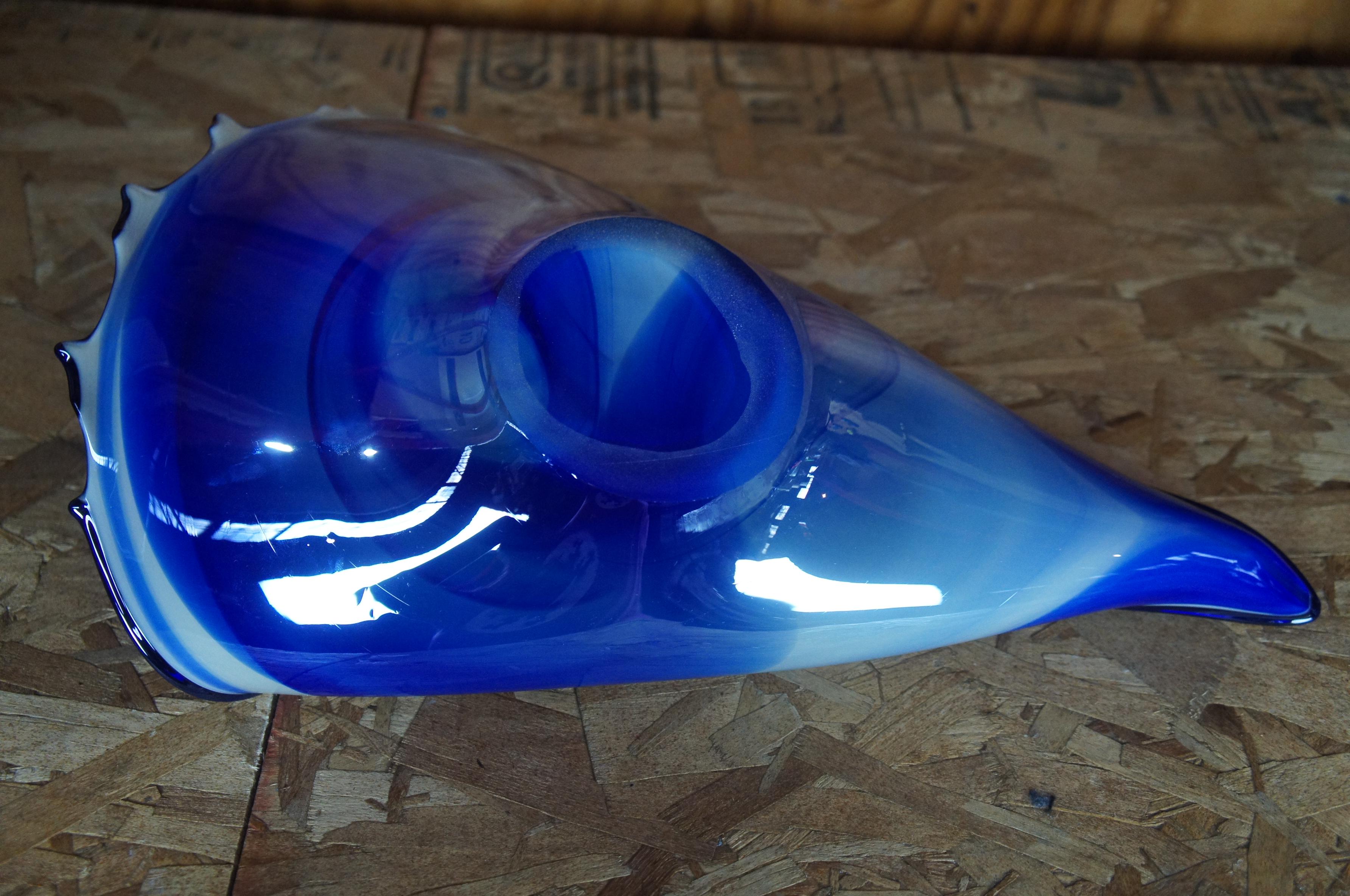 Polish Hand Blown Modern Free Form Blue Art Glass Centerpiece Shell Bowl Poland For Sale 4