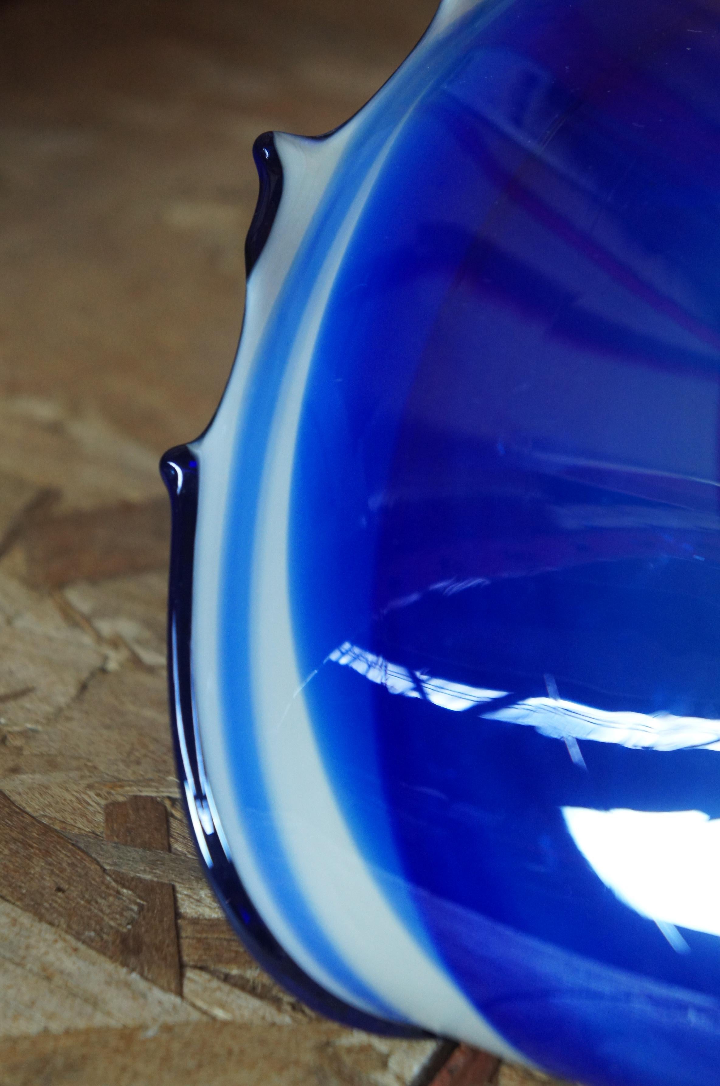 Polish Hand Blown Modern Free Form Blue Art Glass Centerpiece Shell Bowl Poland For Sale 6