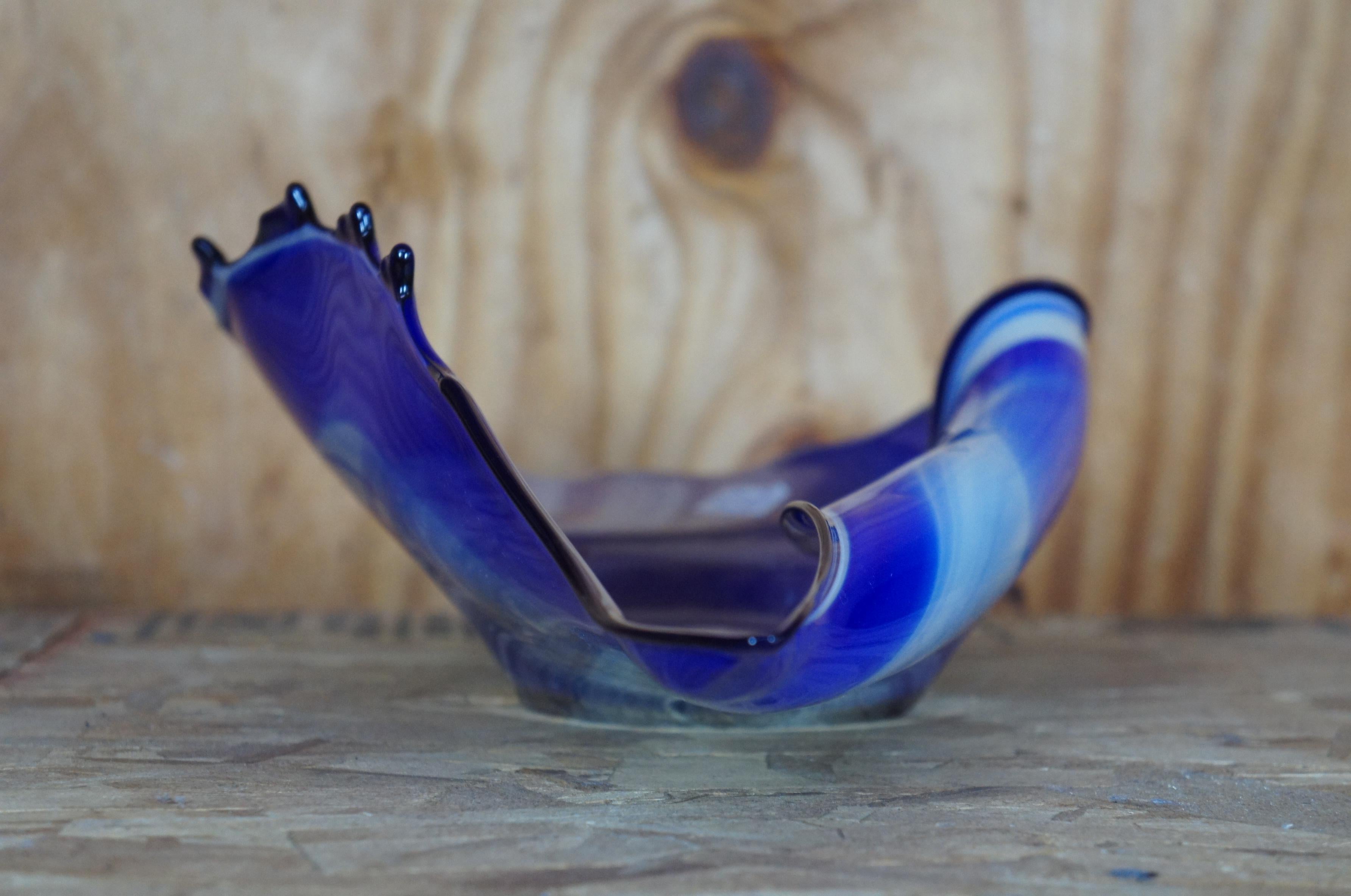 20th Century Polish Hand Blown Modern Free Form Blue Art Glass Centerpiece Shell Bowl Poland For Sale