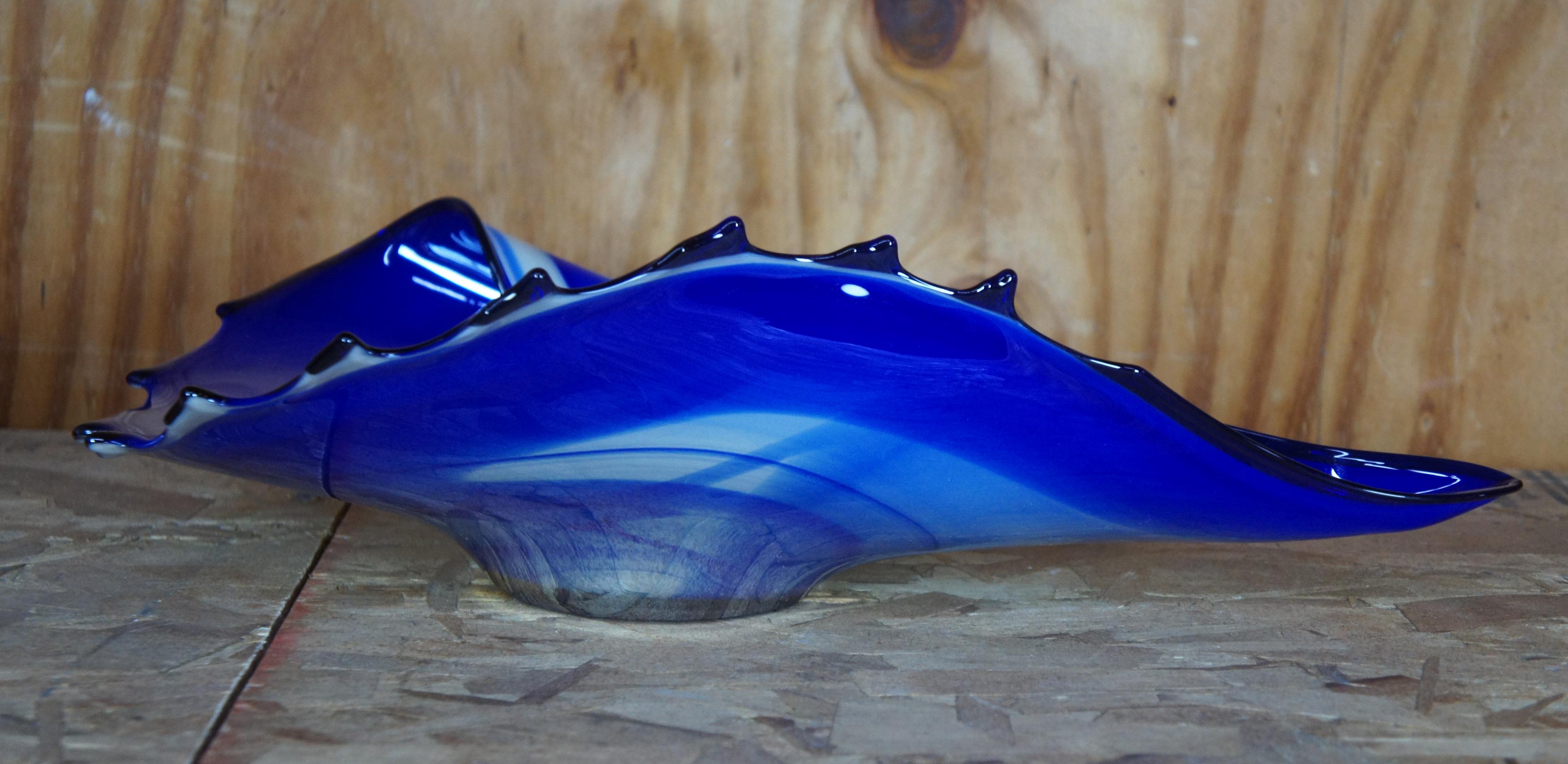 Polish Hand Blown Modern Free Form Blue Art Glass Centerpiece Shell Bowl Poland For Sale 1