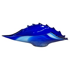Polish Hand Blown Modern Free Form Blue Art Glass Centerpiece Shell Bowl Poland
