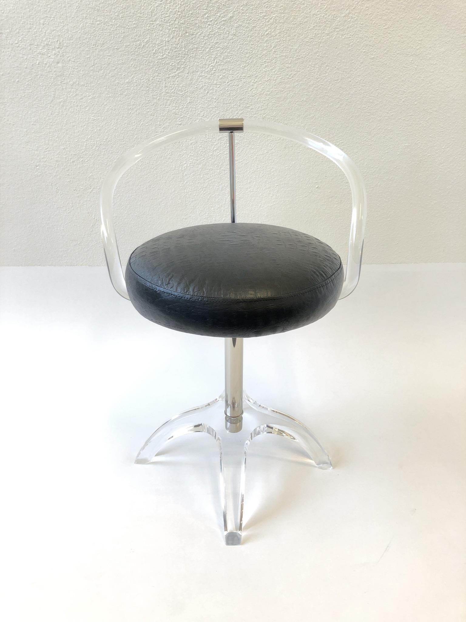 Polish Nickel and Lucite Swivel Vanity Stool by Charles Hollis Jones In Excellent Condition In Palm Springs, CA