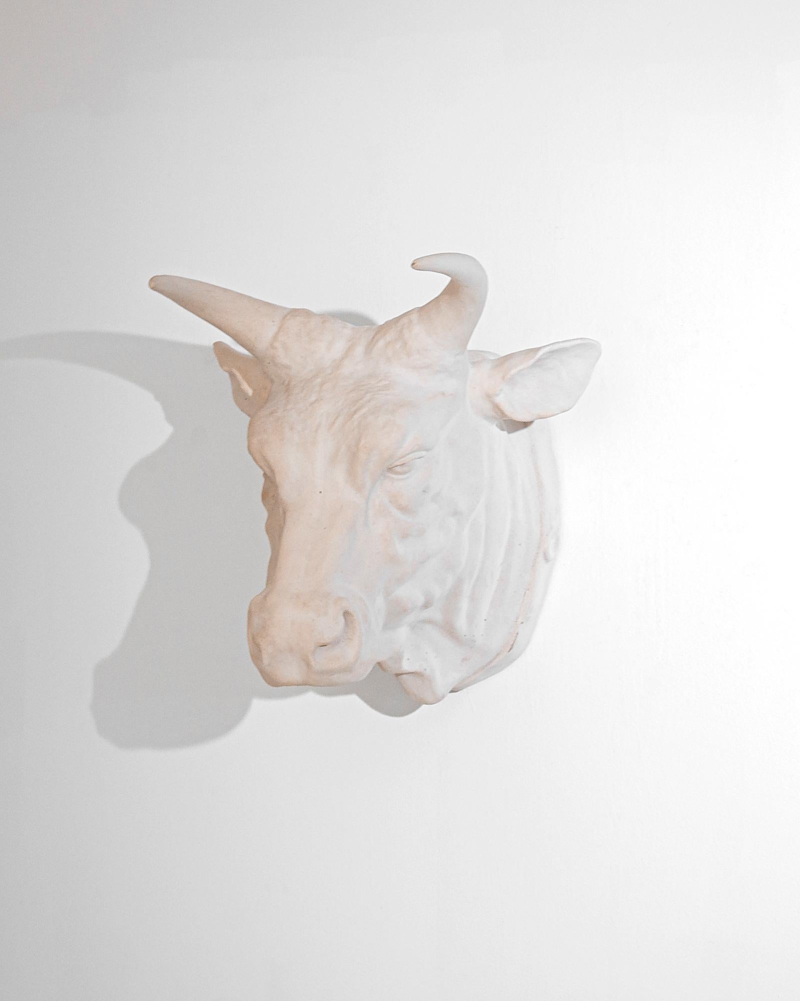 A plaster sculpture of a bull’s head from Poland, made to be mounted on a wall. White plaster is flushed with a tinge of pink; the fine detail of the molding gives a sense of realistic nuance. The bull’s expression is placid, creating an impression