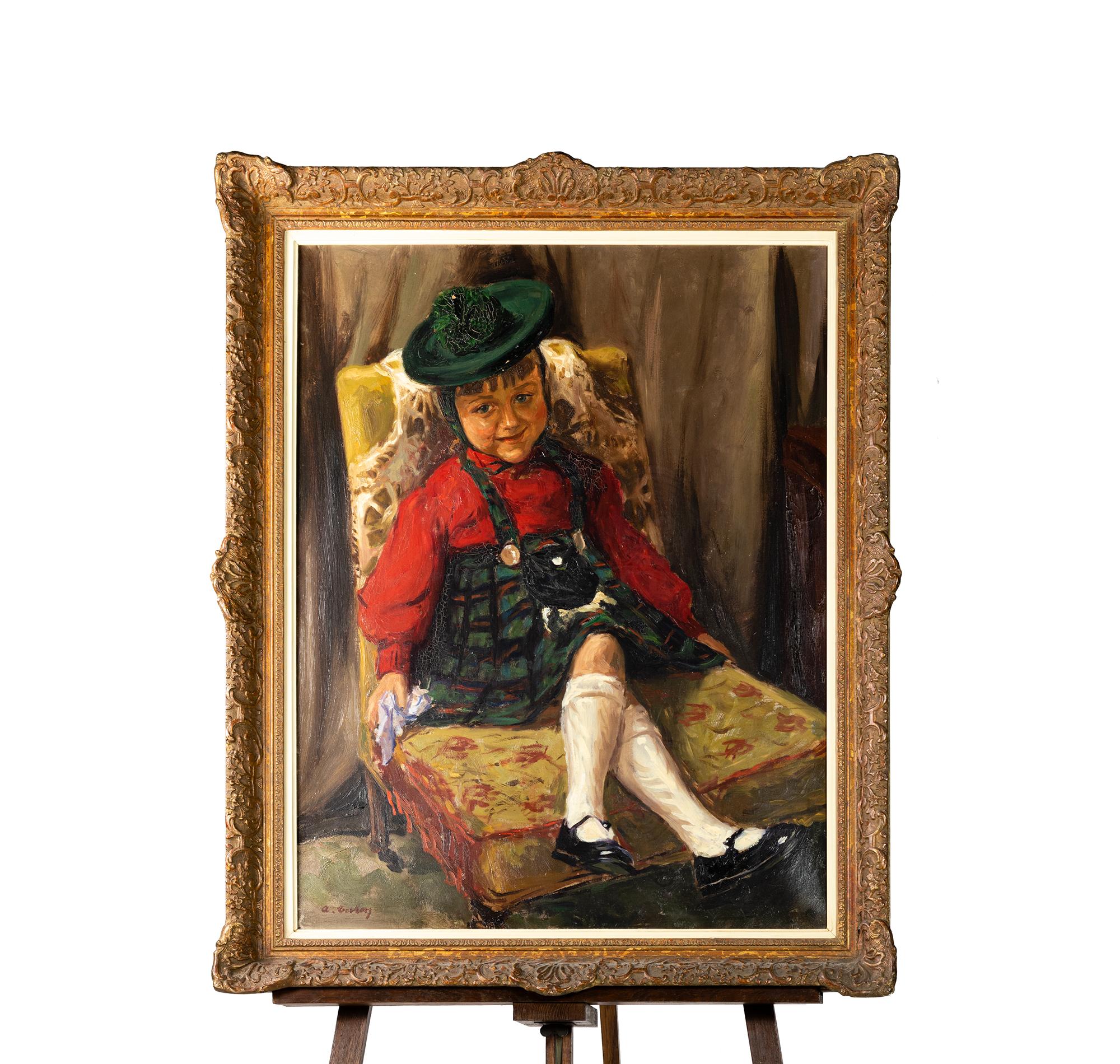 Wojciech Gerson (1831-1901), a renowned Polish Realism artist, has created a unique masterpiece - a painting depicting a child adorned in a green dress, seated gracefully in an armchair. This remarkable artwork bears the distinctive craquelure
