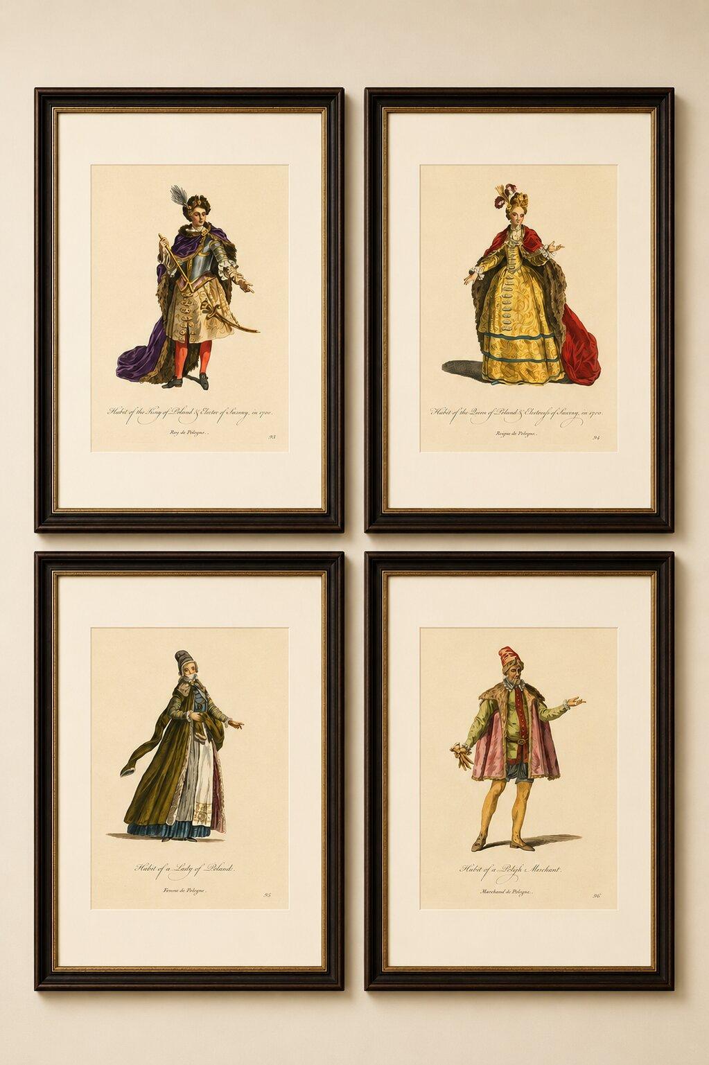 Polish Royal & Noble Costume Engravings, Hand-Colored Set of 4, 1749