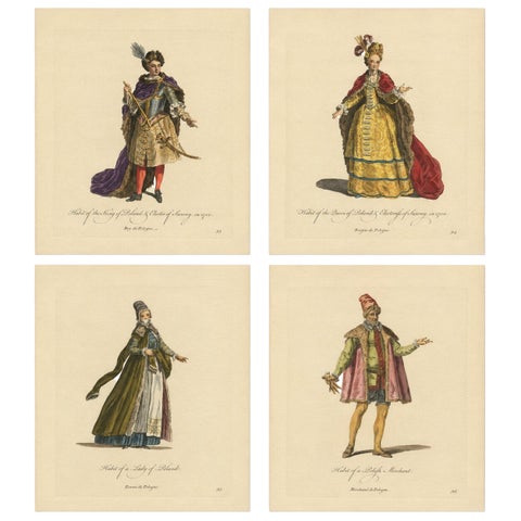 Polish Royal & Noble Costume Engravings, Hand-Colored Set of 4, 1749