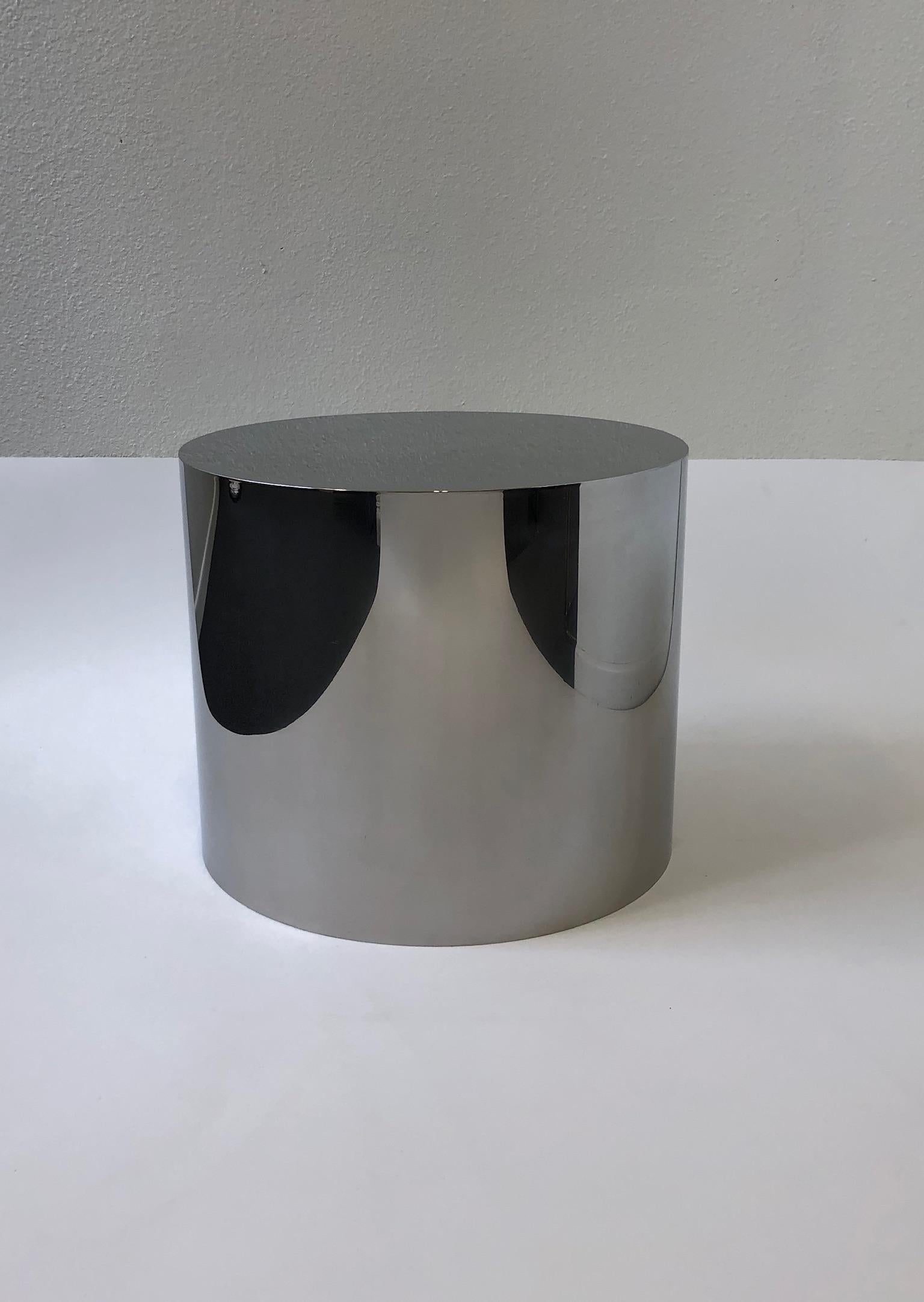Modern Polish Stainless Steel Drum Side Table by Brueton
