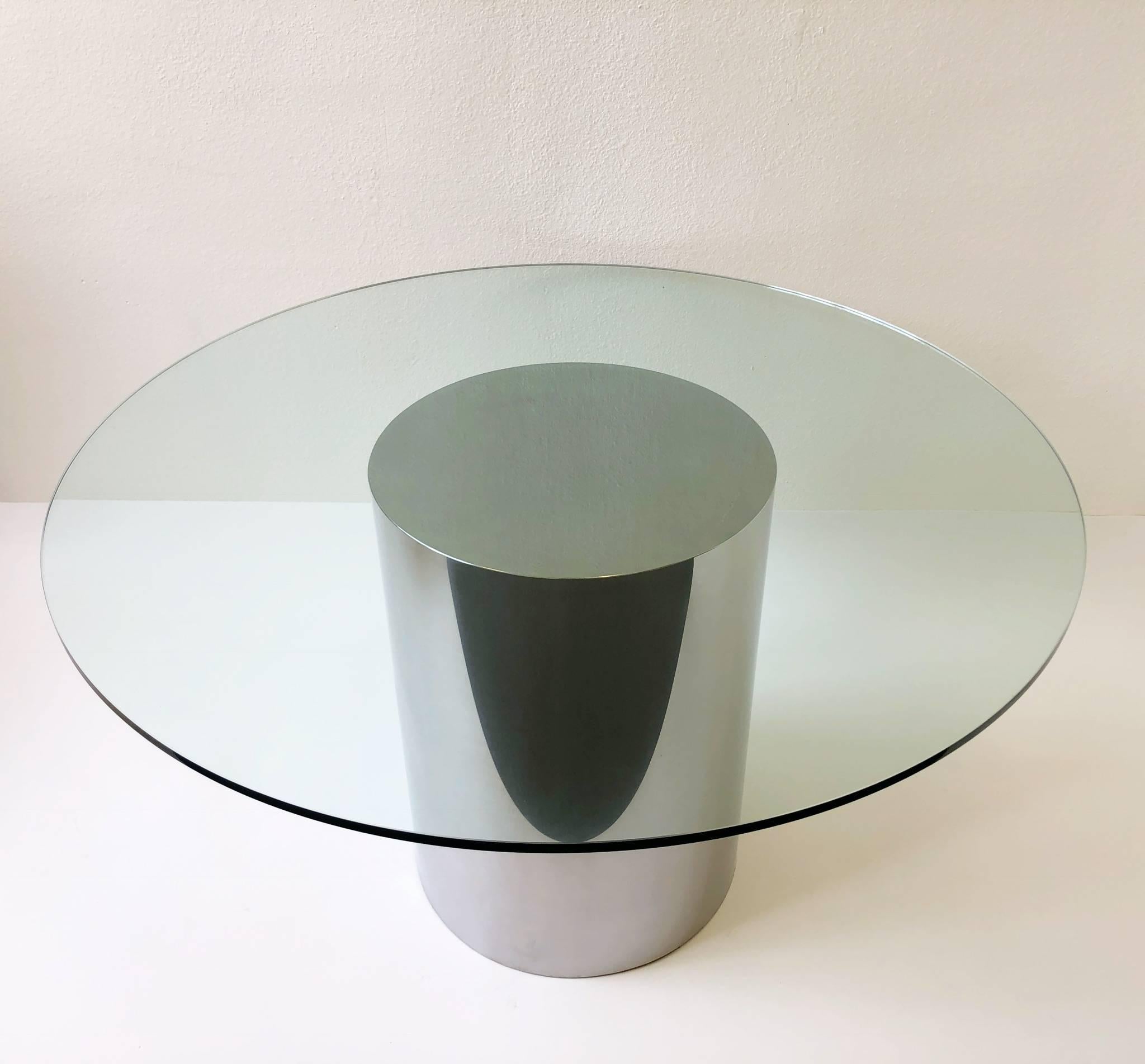 Modern Polish Stainless Steel and Glass Drum Dining Table by Brueton