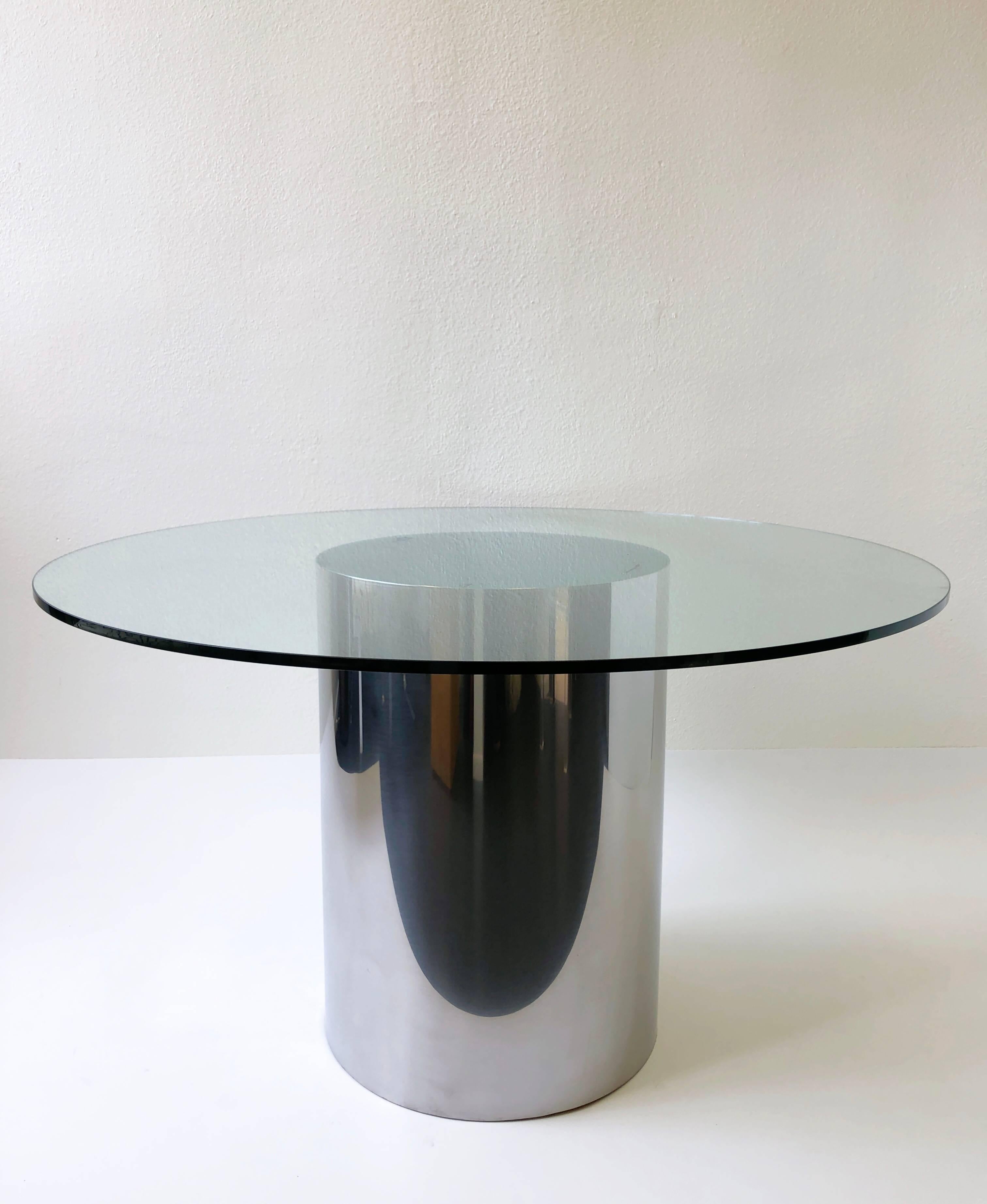 Polish Stainless Steel and Glass Drum Dining Table by Brueton In Excellent Condition In Palm Springs, CA