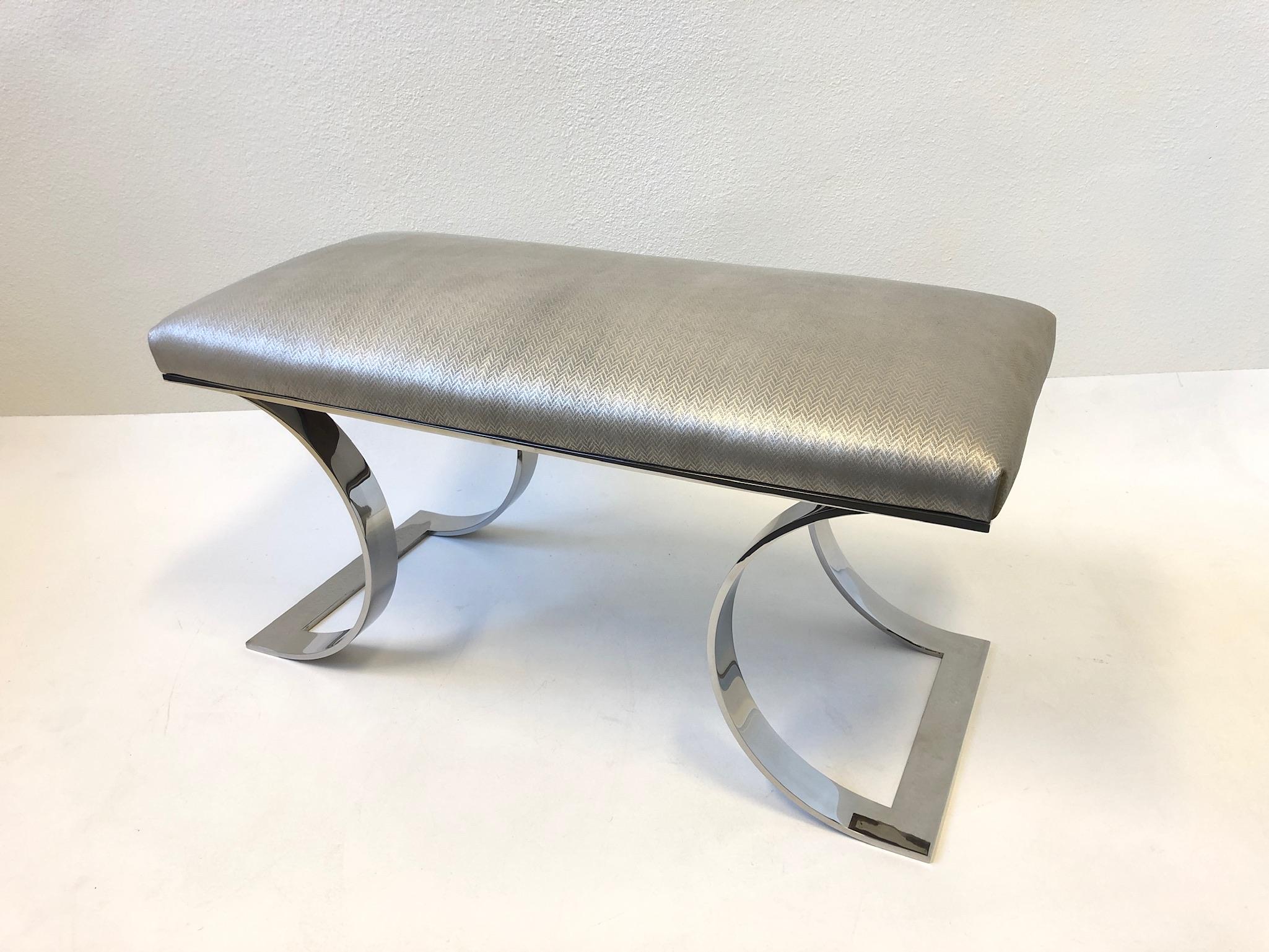 Polish Stainless Steel and Leather “JMF Bench” by Karl Springer 3