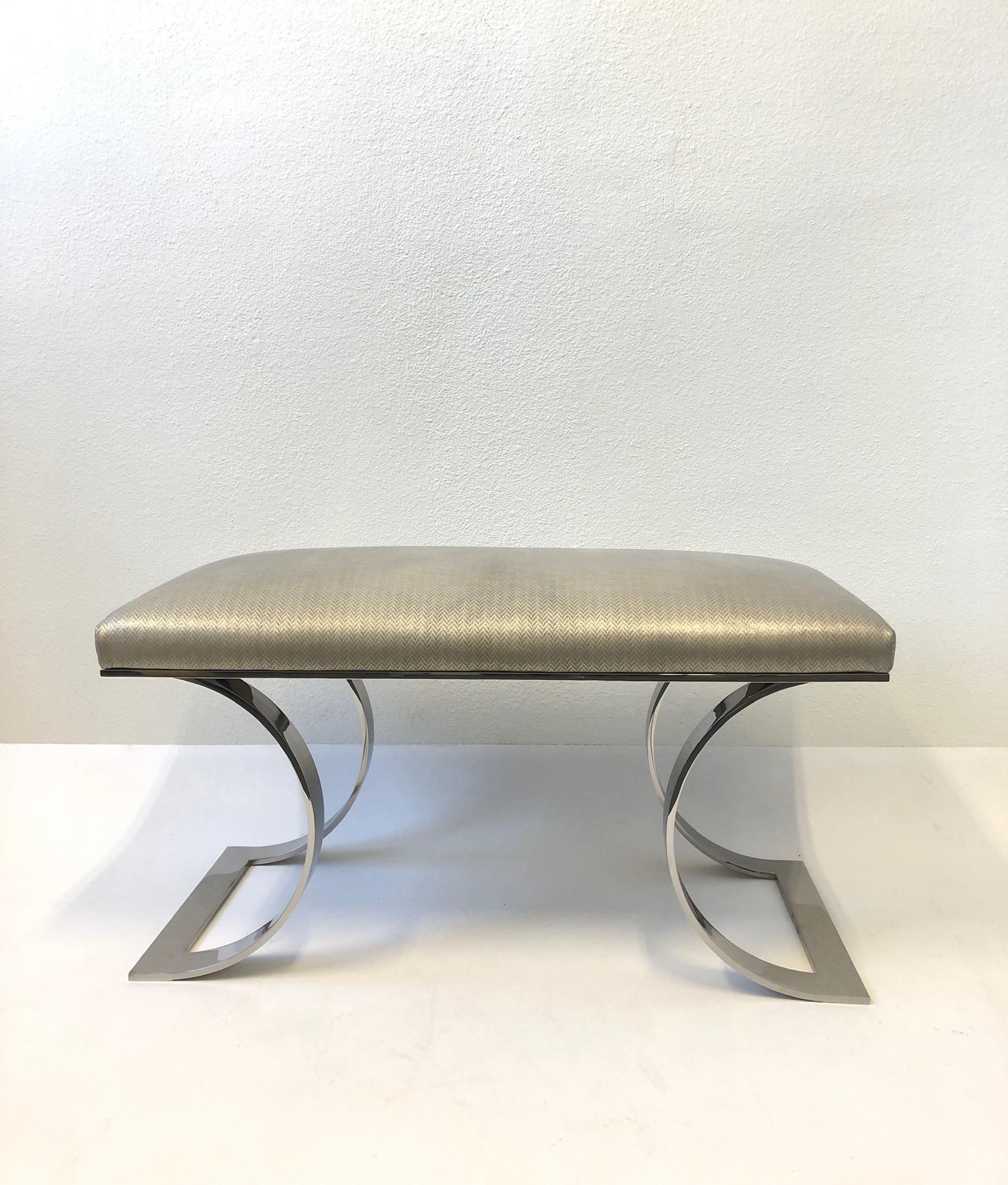 Polish Stainless Steel and Leather “JMF Bench” by Karl Springer 4